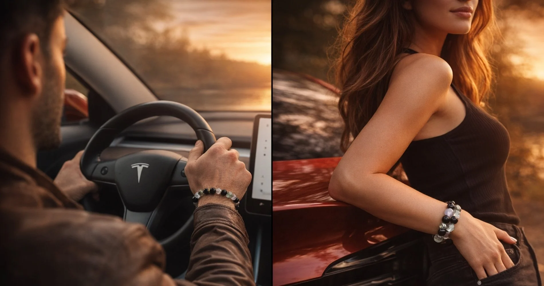 Bild für Prana Shield Drive: Mann im Tesla und Frau am roten E-Auto tragen Edelsteinarmbänder als stilvolle Begleiter für EMF-Schutz im Elektroauto.