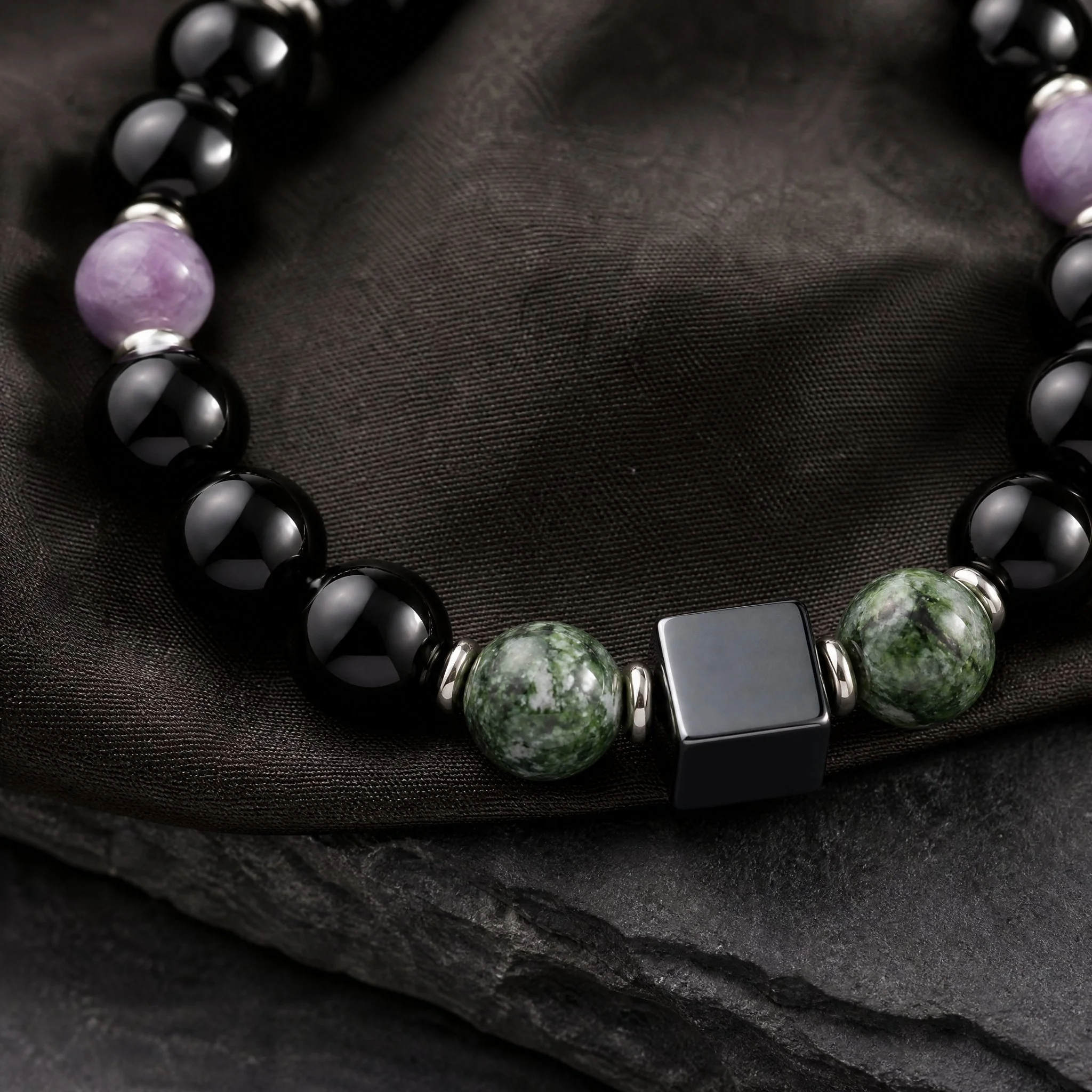 VARON · Obsidian · Chromdiopsid · Lepidolith · Hämatit Würfel · 925 Silber - PRANA Edelsteine – Handgefertigter Edelsteinschmuck