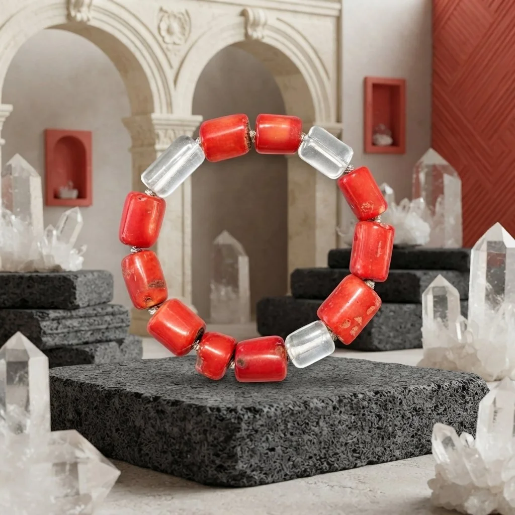 CORALLÉA – Armband mit roter Koralle & Bergkristall - PRANA Edelsteine – Handgefertigter Edelsteinschmuck