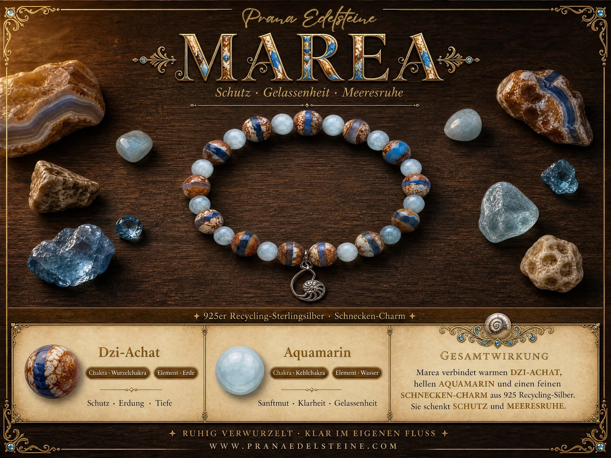 MAREA - Tibetisches Dzi Achat & Aquamarin Armband | Harmonie • Kommunikation • Schutz - PRANA Edelsteine – Handgefertigter Edelsteinschmuck