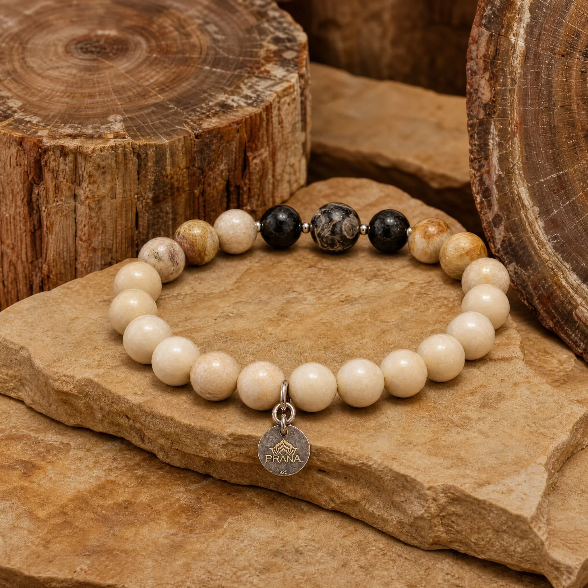 TERRAVA - "Wurzeln der Erde" | Schutz & Stabilität | Versteinertes Holz, Gagat, Turitella Achat, Fossilkoralle | 925 Silber - PRANA Edelsteine – Handgefertigter Edelsteinschmuck