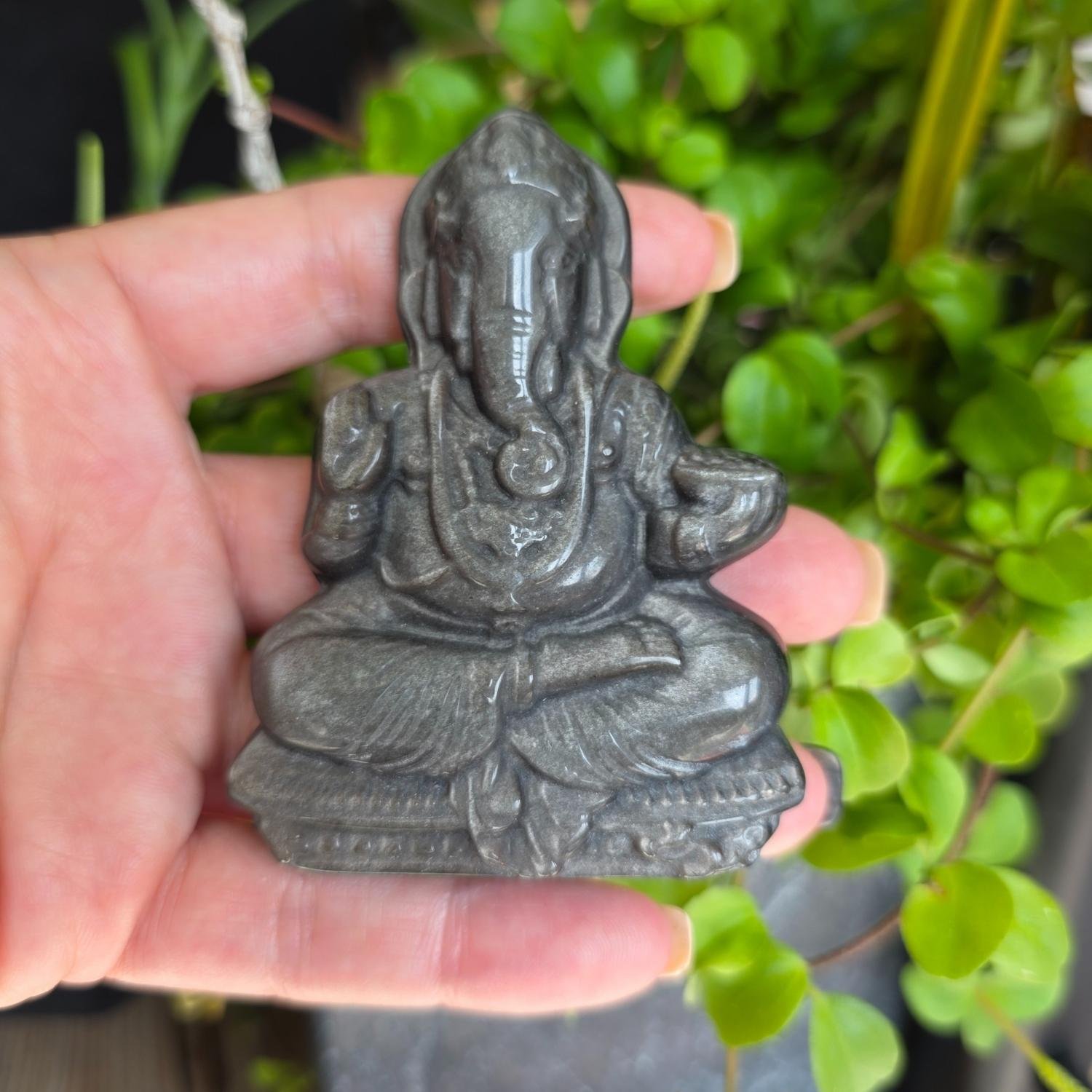 Ganesha Figur aus glänzendem Silber Obsidian, in einer Hand gehalten vor grünem Pflanzenhintergrund.