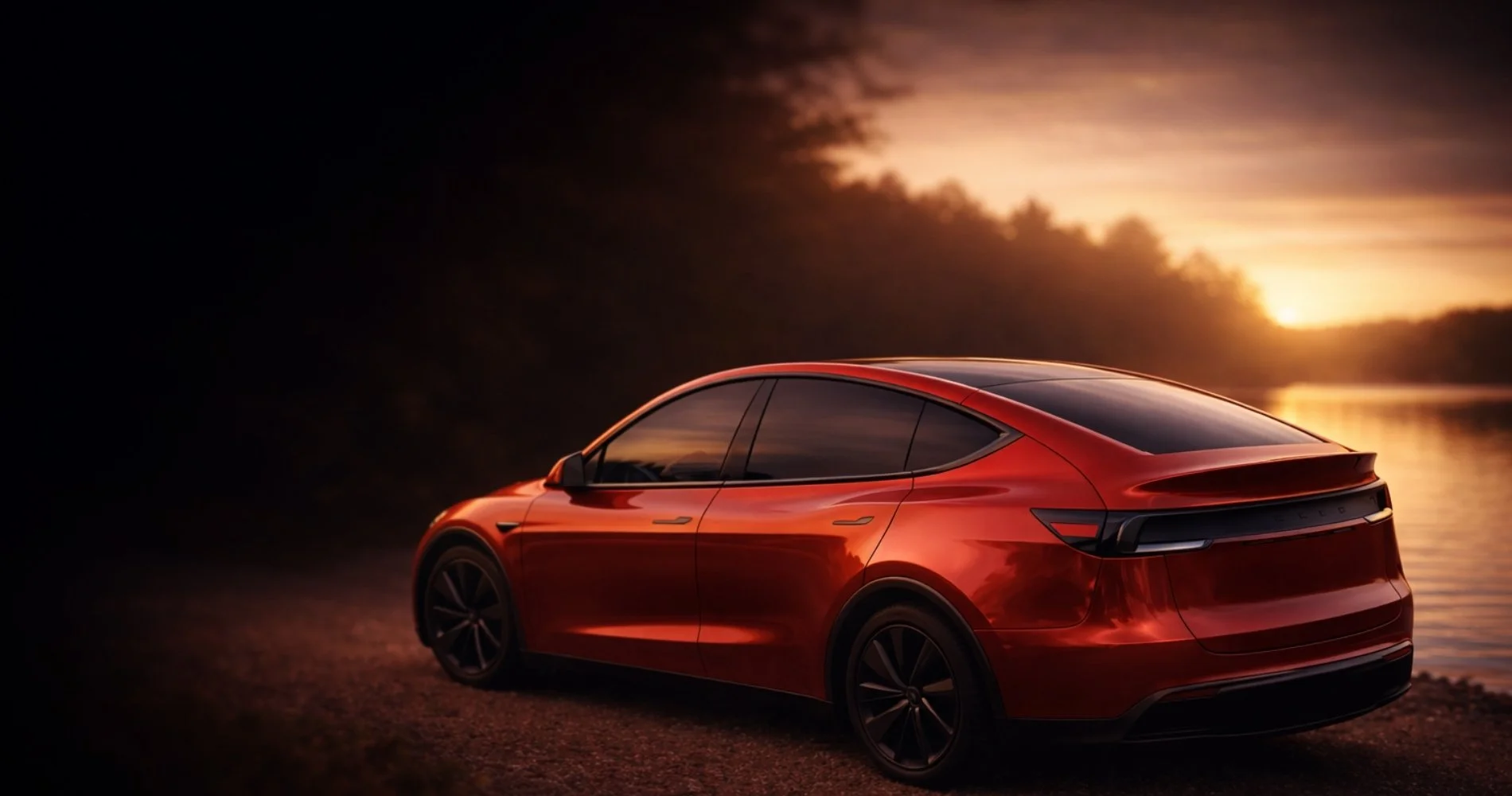 Rotes E-Auto Tesla Model Y am See bei Sonnenuntergang – Hero-Bild für EMF-Schutz, Elektrosmog im Elektroauto und stilvolles E-Auto-Zubehör