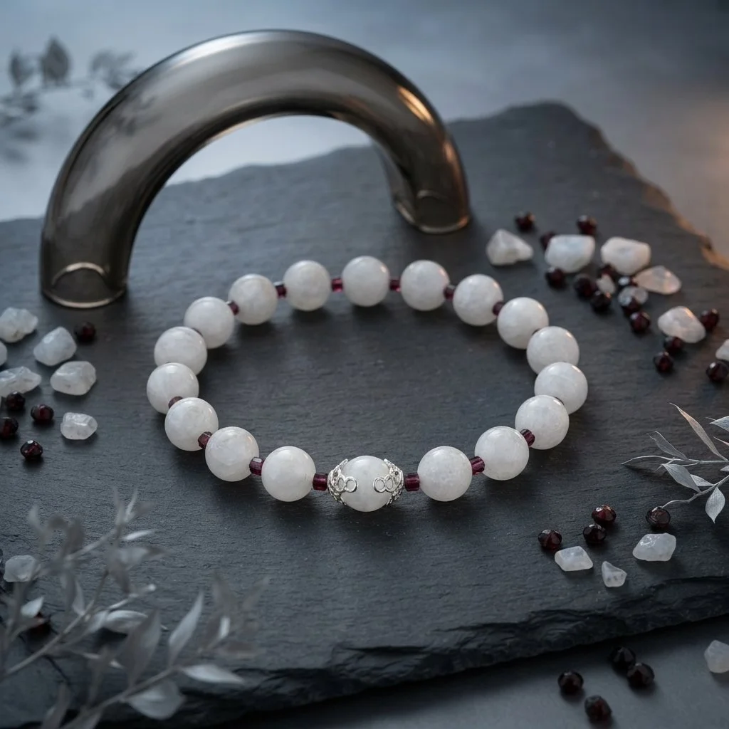 LUNAVIA - Kraft der weiblichen Mitte – Mondstein & Granat Armband mit 925 Silber - PRANA Edelsteine – Handgefertigter Edelsteinschmuck