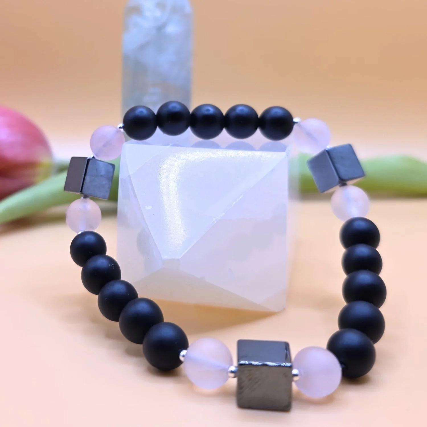 Schutz & Herzkraft Herrenarmband aus Schwarzem Achat, Rosenquarz & Hämatit