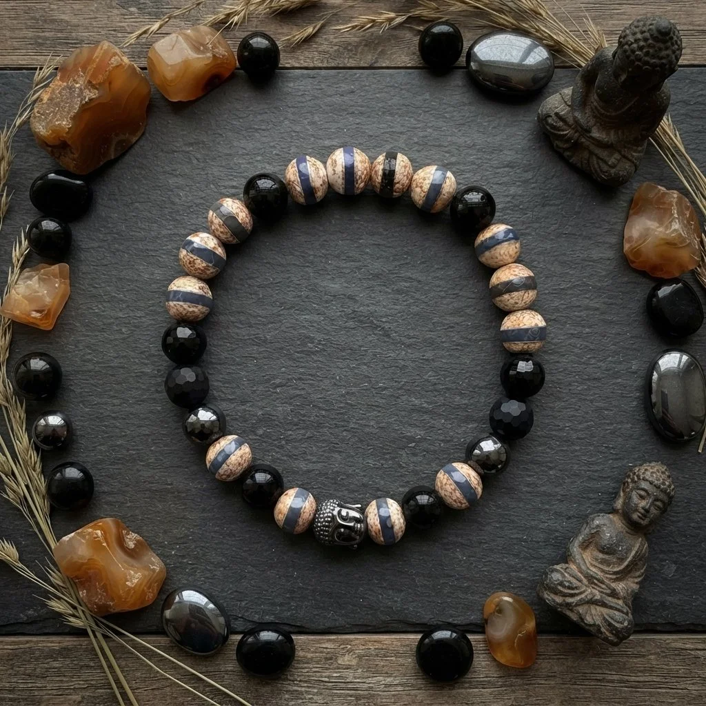 DHARMA · Dzi-Achat · Hämatit Buddha · Onyx graviert · 925 Silber