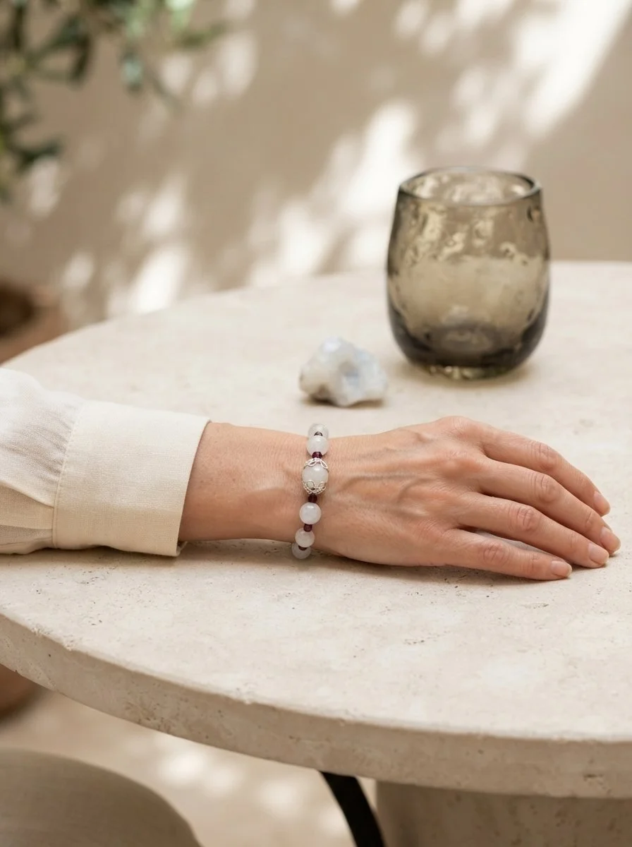 LUNAVIA - Kraft der weiblichen Mitte – Mondstein & Granat Armband mit 925 Silber - PRANA Edelsteine – Handgefertigter Edelsteinschmuck