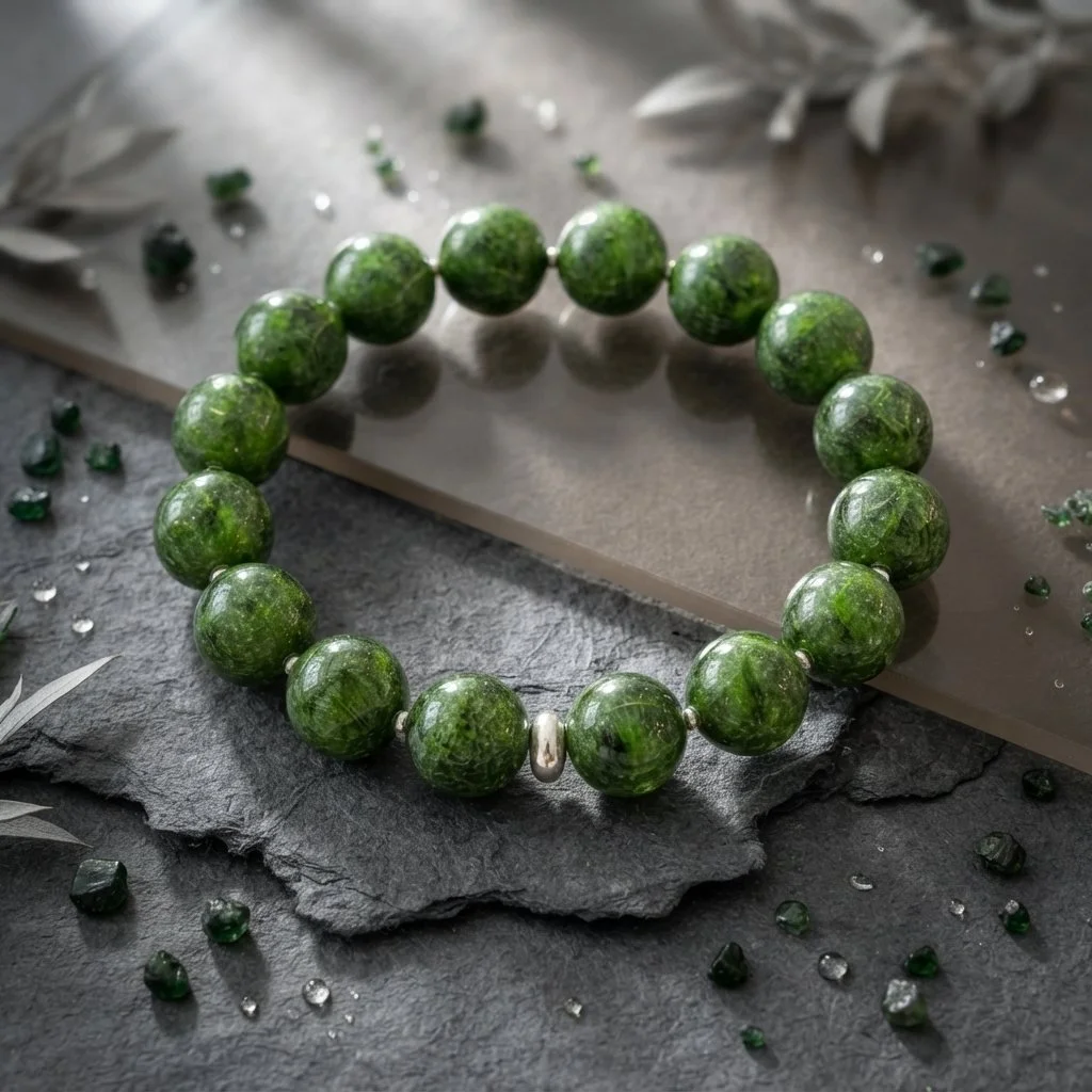 VERDESSA - „Herzöffnung & Naturkraft“ – Armband aus Chromdiopsid 12 mm – AAA Qualität – 925 Silber - PRANA Edelsteine – Handgefertigter Edelsteinschmuck