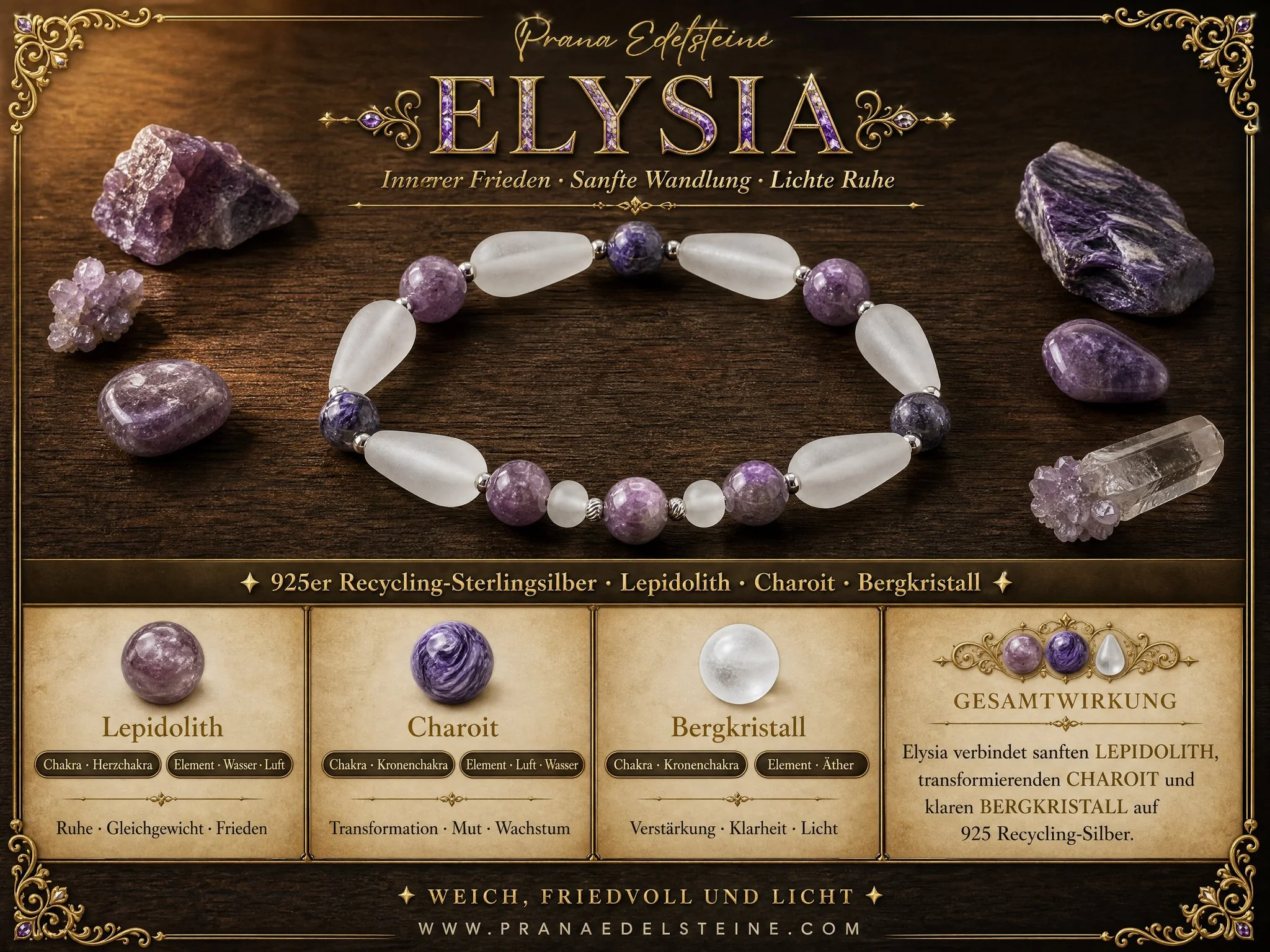 ELYSIA – Bergkristall matt, Lepidolith & Charoit | 925 Silber - PRANA Edelsteine – Handgefertigter Edelsteinschmuck