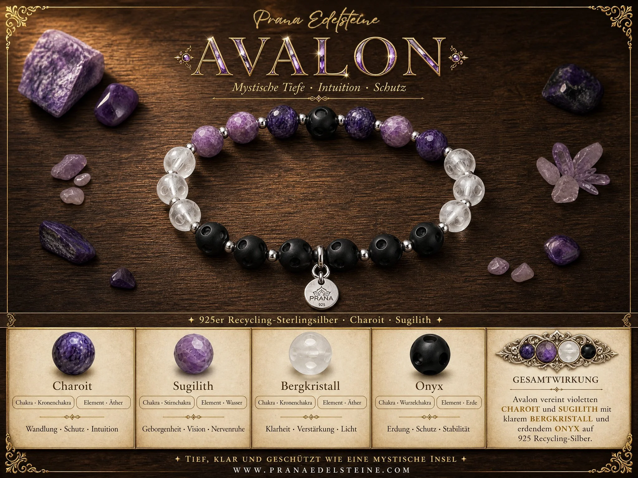AVALON — Onyx, Bergkristall, Sugilit & Charoit - PRANA Edelsteine – Handgefertigter Edelsteinschmuck