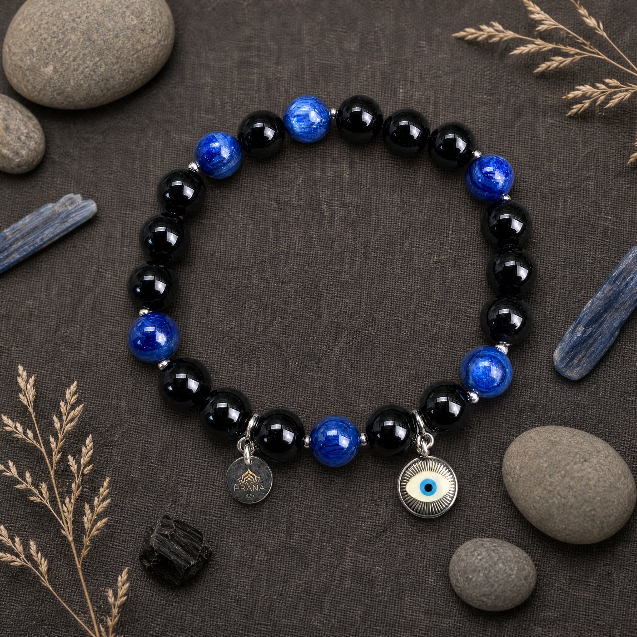 NAZARIS - „Intuition & Klarheit“ – Disthen (Kyanit) & Turmalin Armband mit 925er Silberauge-Symbol