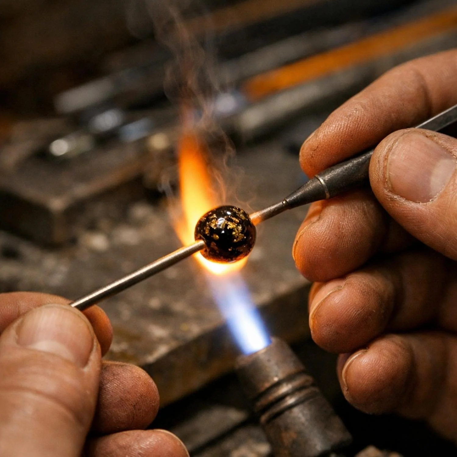Murano Glasperle wird mit Lampworking Technik in einer offenen Flamme von Hand geformt
