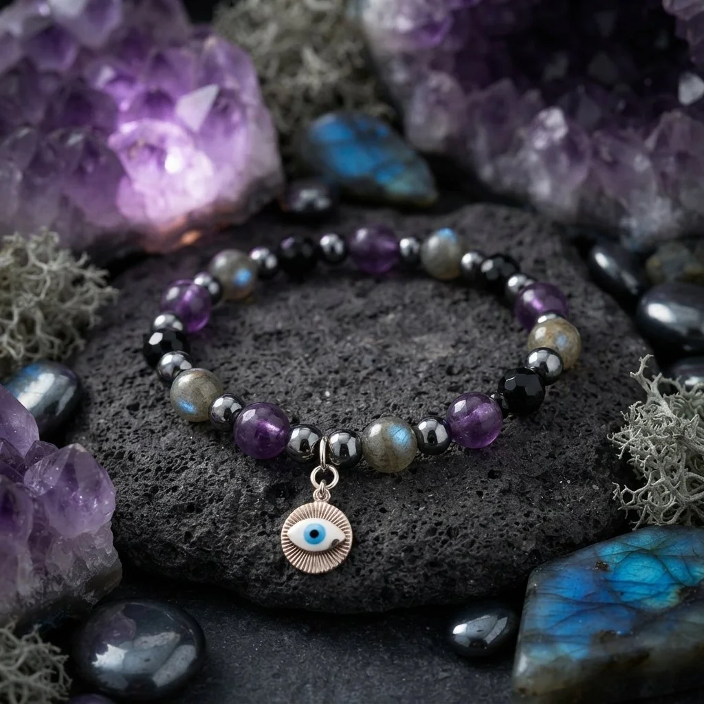 OCULARA SHIELD - Amethyst, Turmalin, Labradorit & Hämatit Nazar Armband - Aura Schild - PRANA Edelsteine – Handgefertigter Edelsteinschmuck