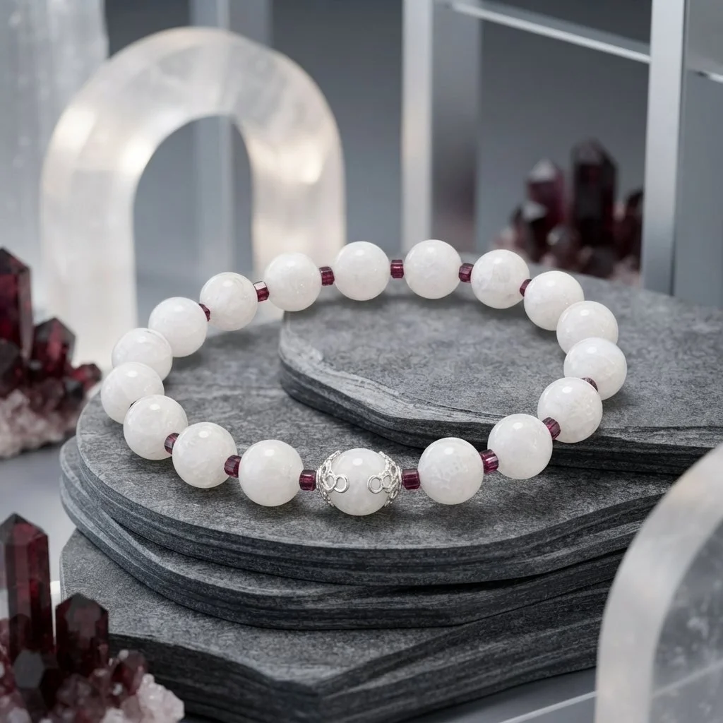 LUNAVIA - Kraft der weiblichen Mitte – Mondstein & Granat Armband mit 925 Silber - PRANA Edelsteine – Handgefertigter Edelsteinschmuck