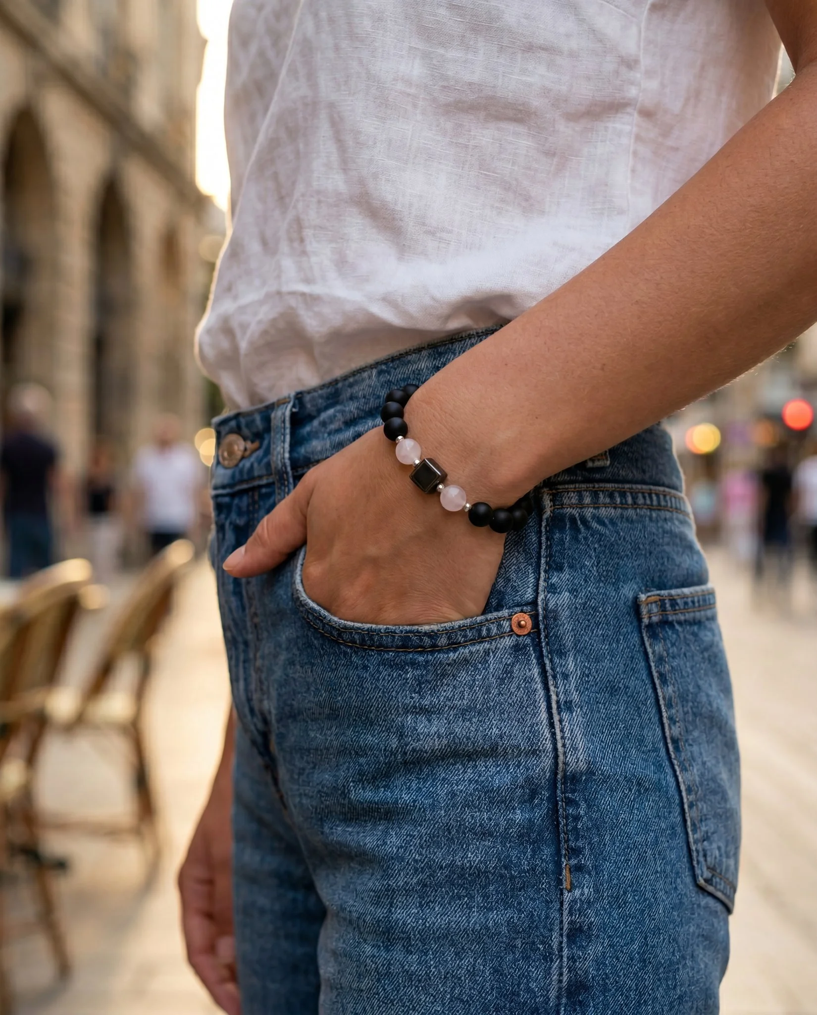 NOIR ROSA · Achat matt · Rosenquarz · Hämatit Würfel · 925 Silber - PRANA Edelsteine – Handgefertigter Edelsteinschmuck