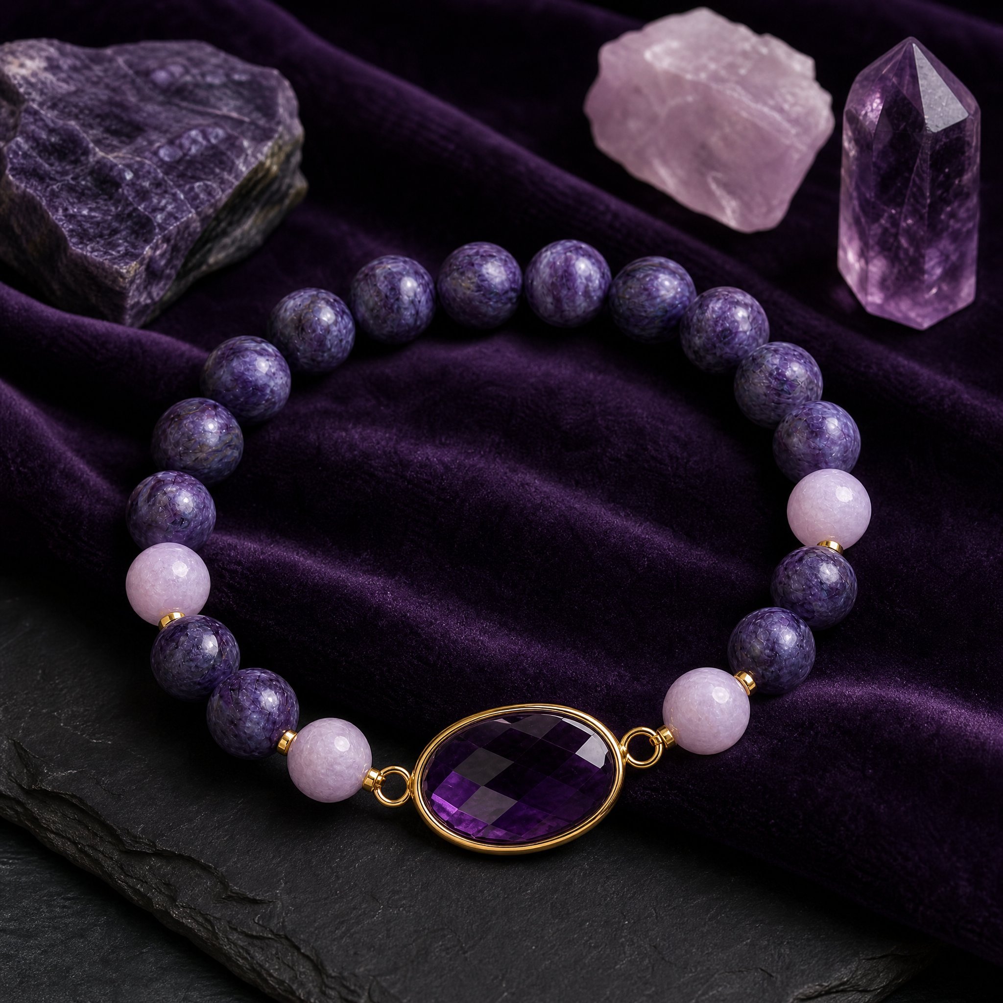 AMETHYRA -Armband mit Kunzit, Charoit & Amethyst | Seltene Kombination für Heilung & Transformation - PRANA Edelsteine – Handgefertigter Edelsteinschmuck