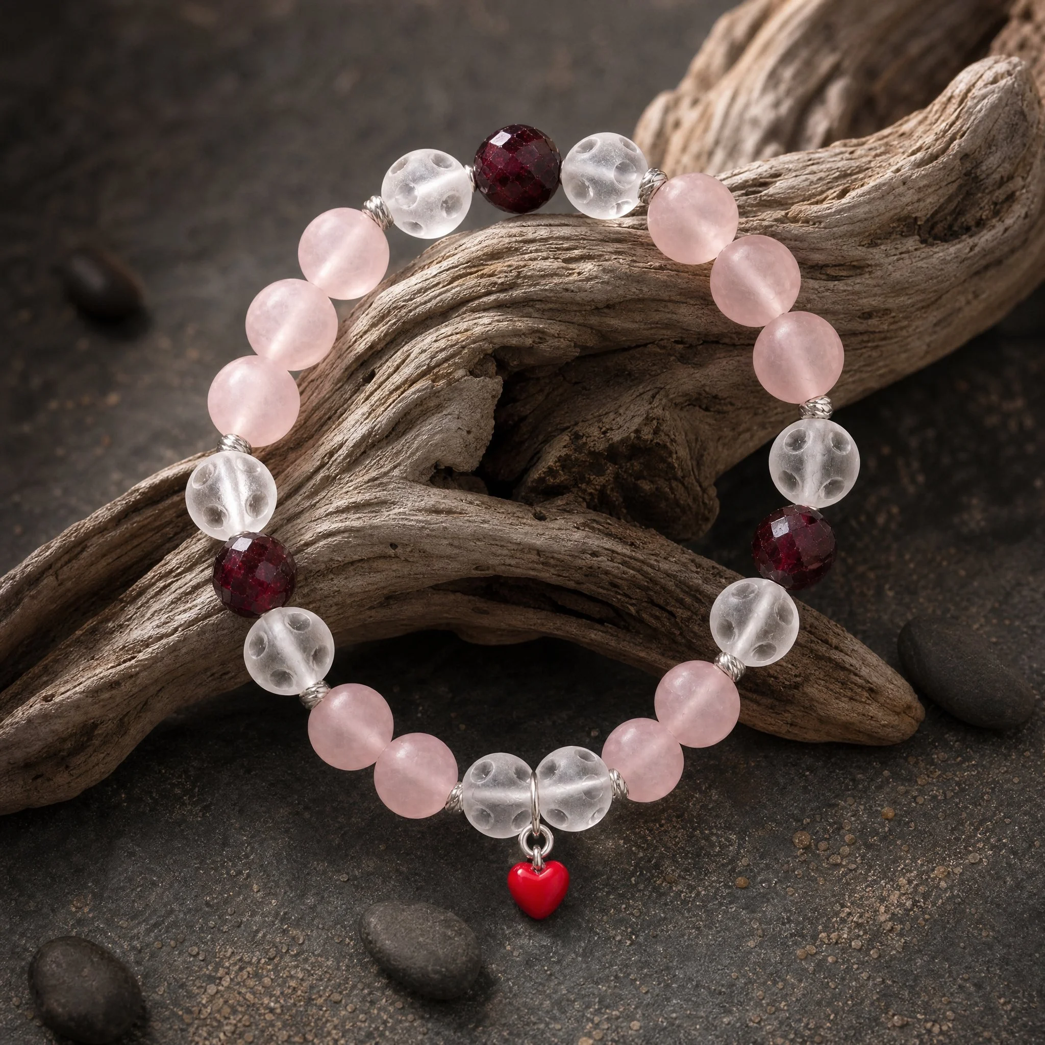 AMORIA – Rosenquarz matt, Granat & Fenster-Bergkristall - PRANA Edelsteine – Handgefertigter Edelsteinschmuck