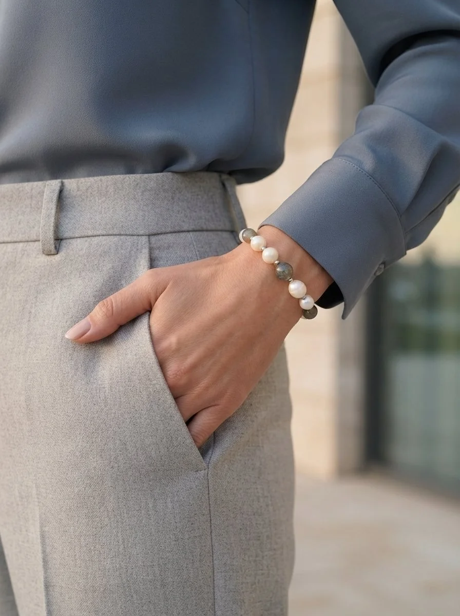 PELAGIA - Nebel & Mond Armband mit Labradorit & Süßwasserperlen, 925 Silber - PRANA Edelsteine – Handgefertigter Edelsteinschmuck