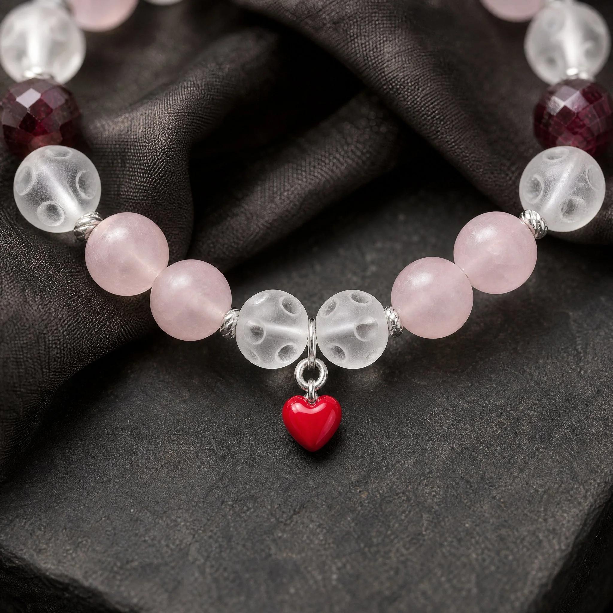 AMORIA – Rosenquarz matt, Granat & Fenster-Bergkristall - PRANA Edelsteine – Handgefertigter Edelsteinschmuck