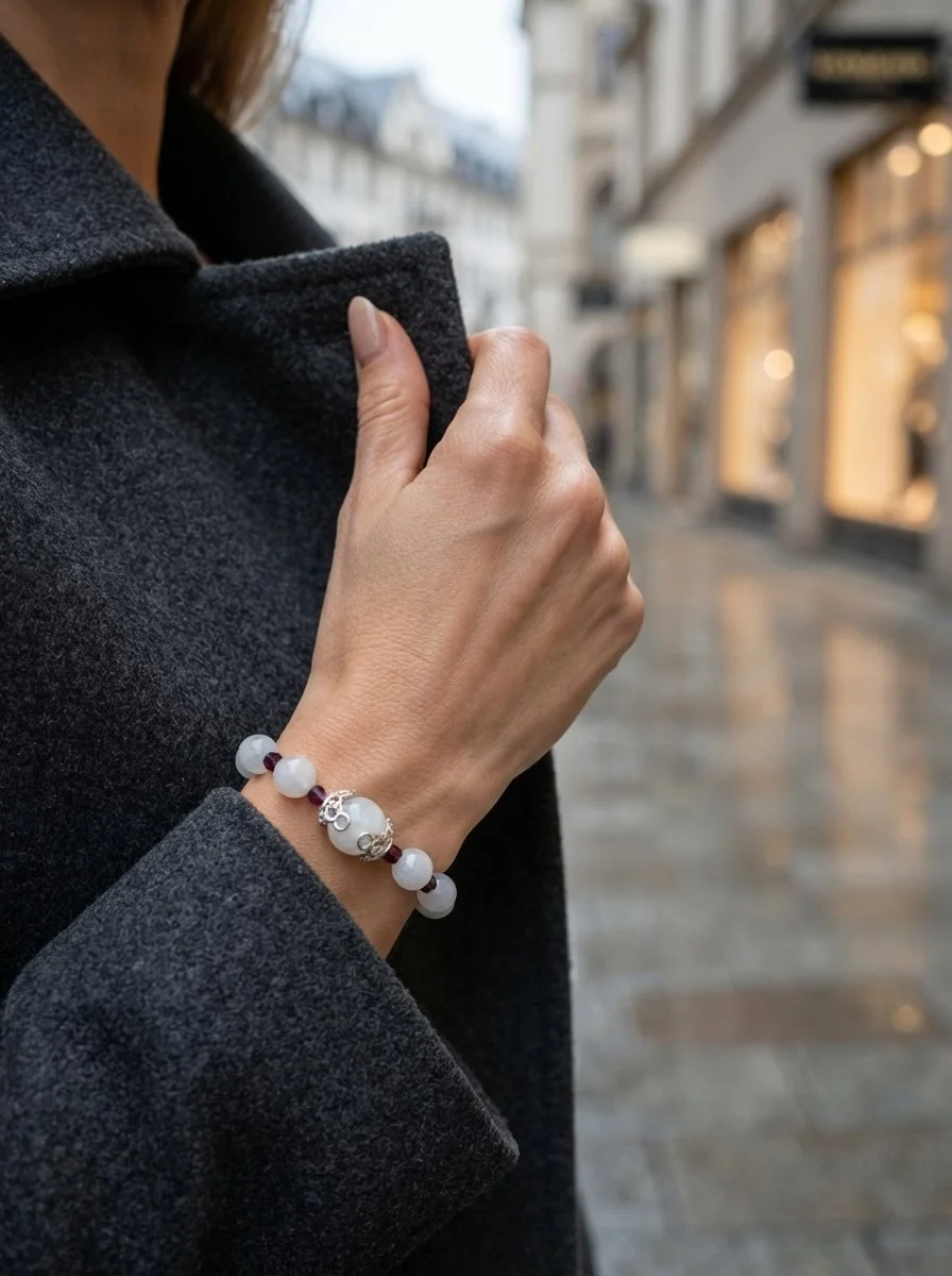 LUNAVIA - Kraft der weiblichen Mitte – Mondstein & Granat Armband mit 925 Silber - PRANA Edelsteine – Handgefertigter Edelsteinschmuck