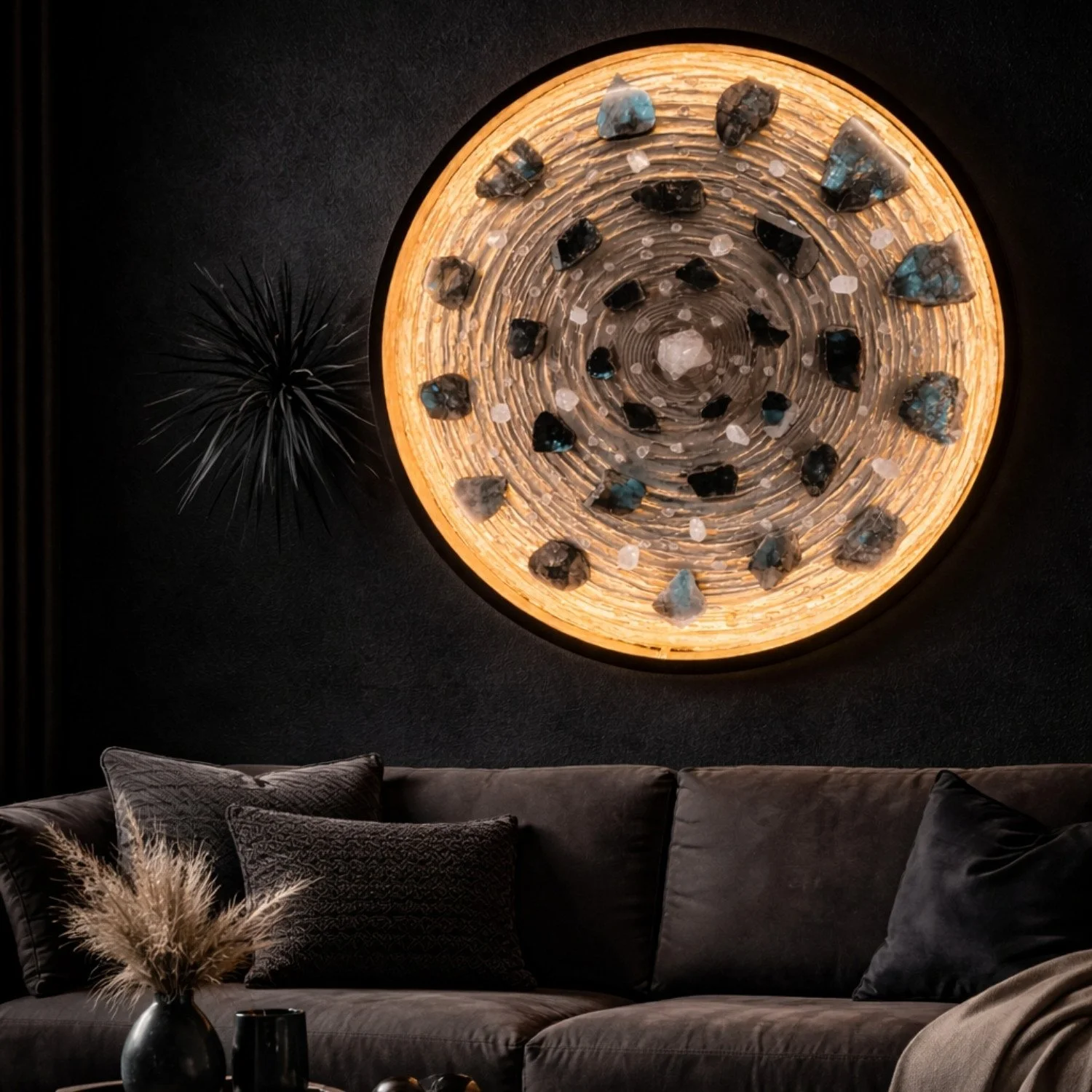 Rundes leuchtendes LED-Wandbild mit Labradorit, Bergkristall und Natursteinen über einem Sofa – exklusives LuminaGem Wandobjekt für modernes luxuriöses Wohnen