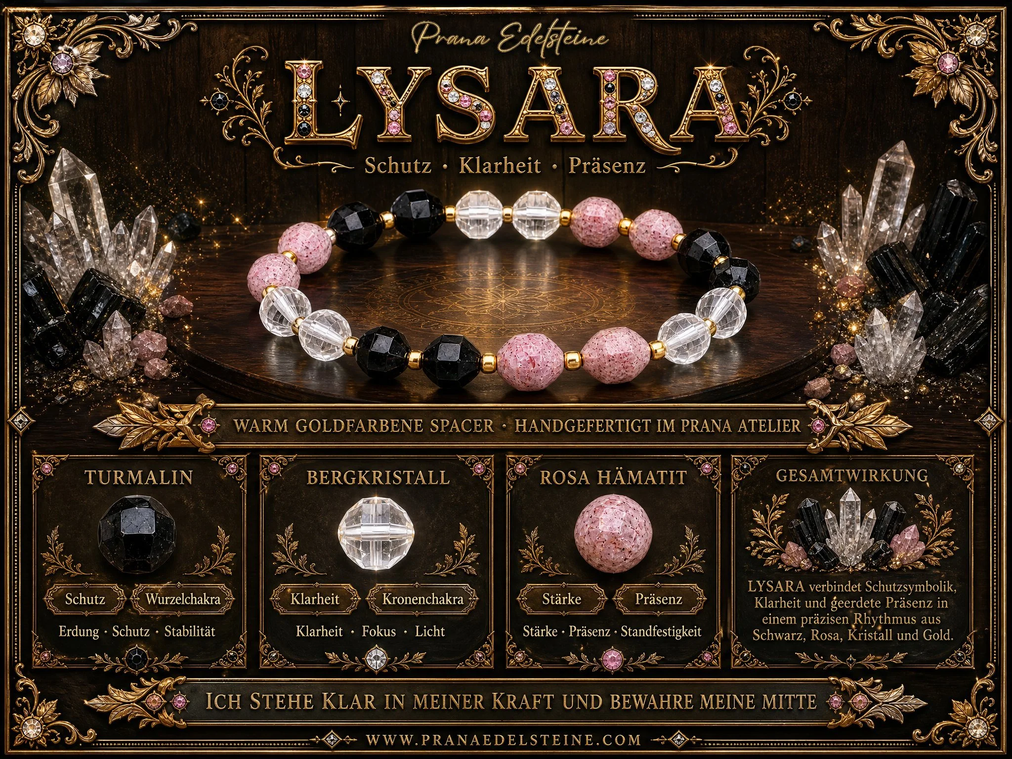 LYSARA - Schwarzer Turmalin, Bergkristall, Erdbeerquarz Armband "Schutz & Herzensklarheit" | Facettierte Rondelle 8mm - PRANA Edelsteine – Handgefertigter Edelsteinschmuck