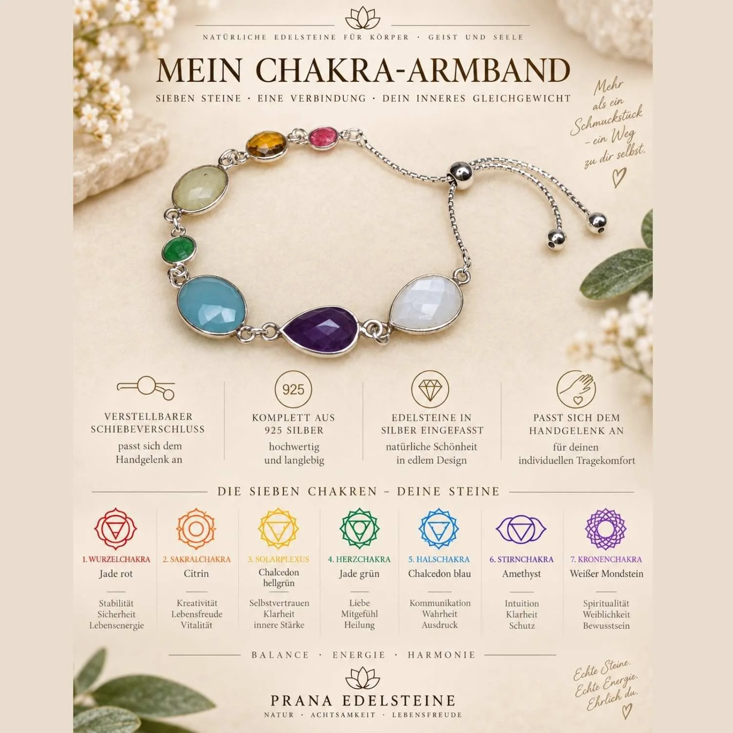 Sieben Chakra-Edelsteine in 925 Silber gefasst: roter Jade, Citrin, hellgrüner Chalcedon, grüner Jade, blauer Chalcedon, Amethyst und weißer Mondstein