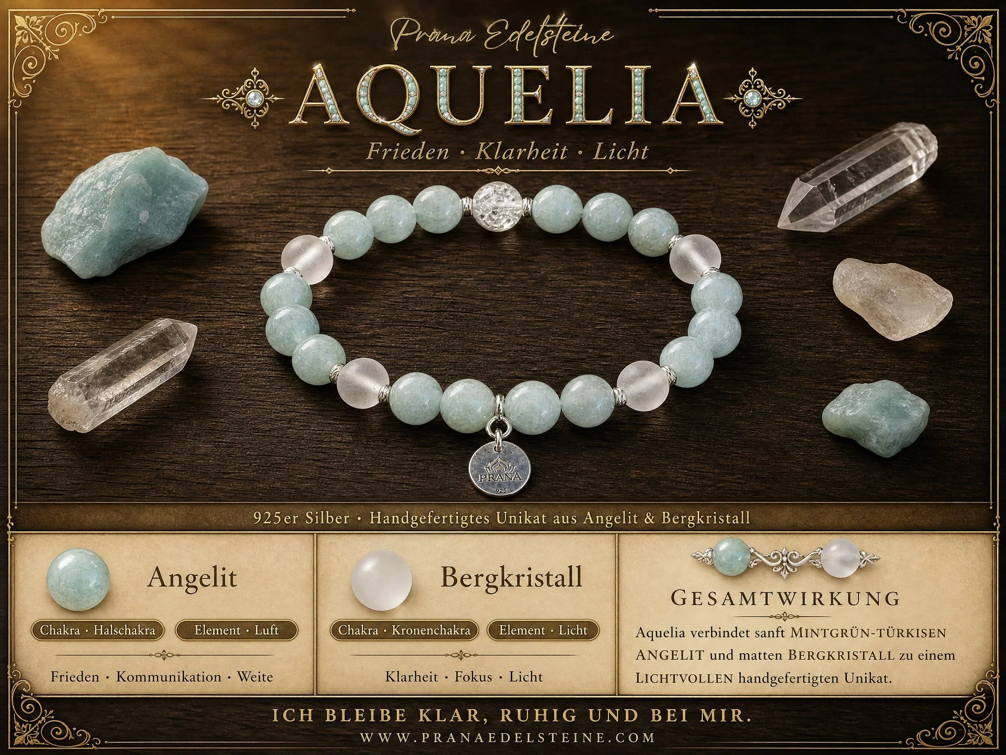 AQUELIA - "Himmlische Klarheit" Armband: Angelit & Matter Bergkristall - PRANA Edelsteine – Handgefertigter Edelsteinschmuck