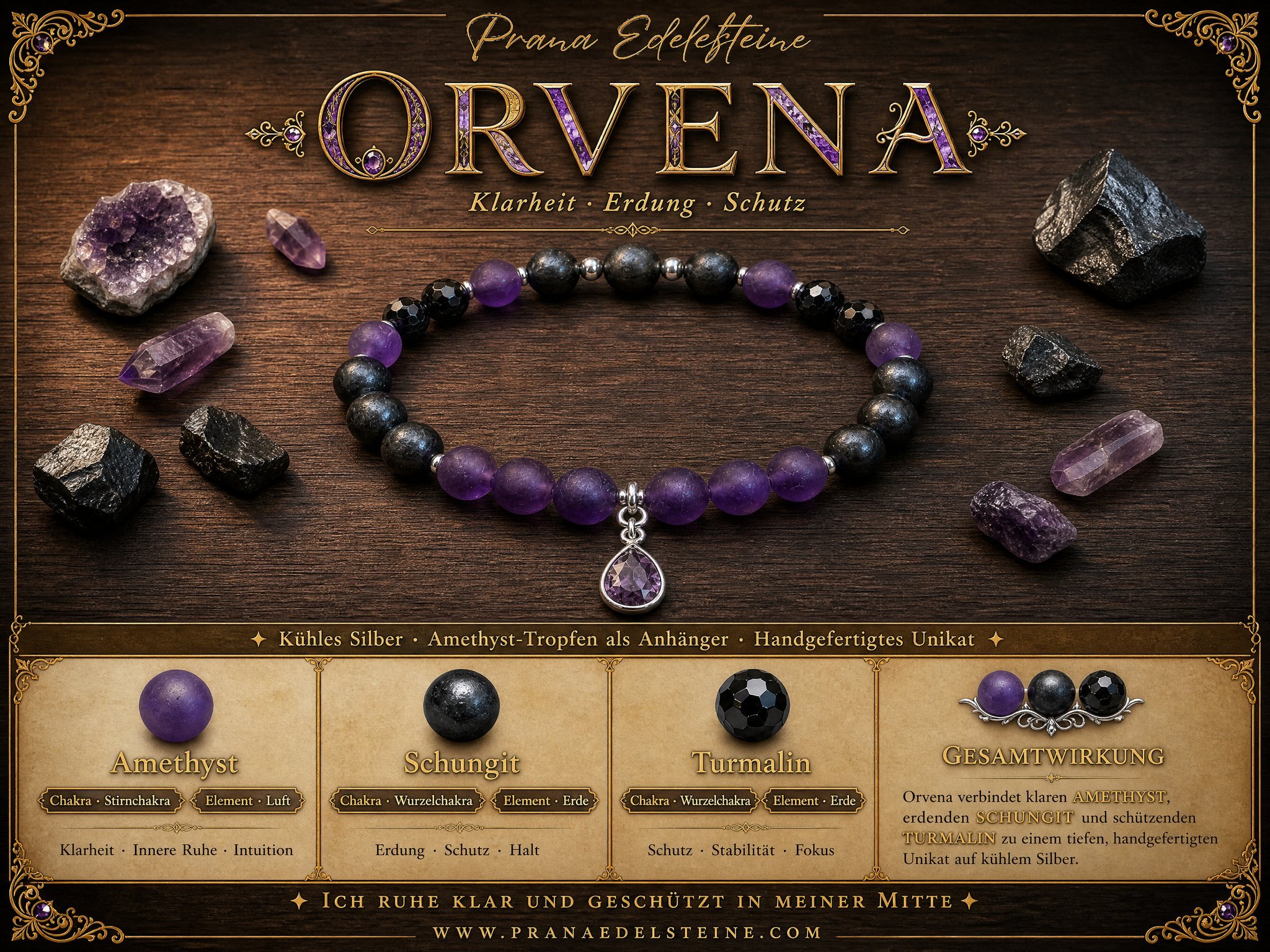 ORVENA - Amethyst, Schungit & Turmalin Armband - PRANA Edelsteine – Handgefertigter Edelsteinschmuck