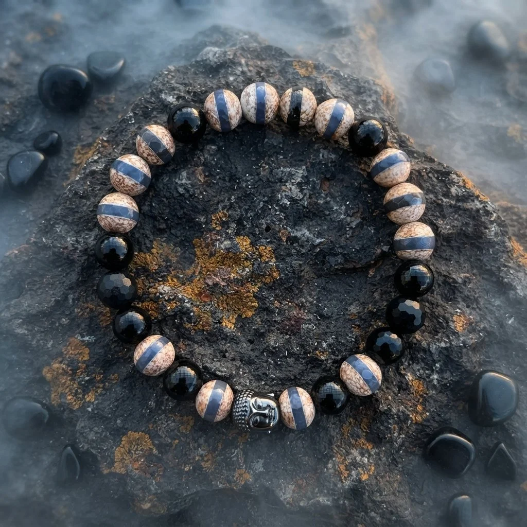 DHARMA · Dzi-Achat · Hämatit Buddha · Onyx graviert · 925 Silber - PRANA Edelsteine – Handgefertigter Edelsteinschmuck