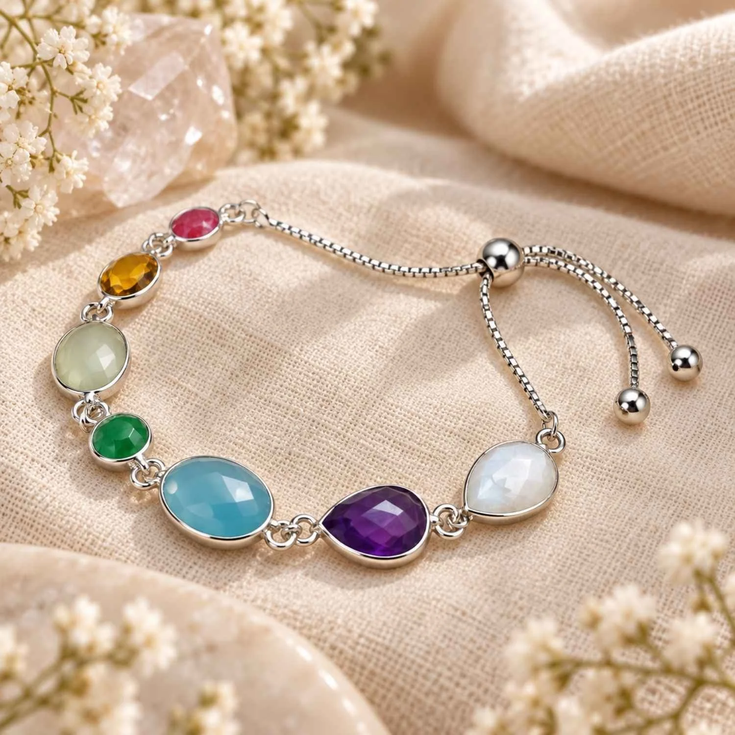 Nahaufnahme des Sette Armonie Edelsteinarmbands mit facettierten Steinen in Silberfassung und verstellbarem Schiebeperlenverschluss auf cremefarbenem Leinen