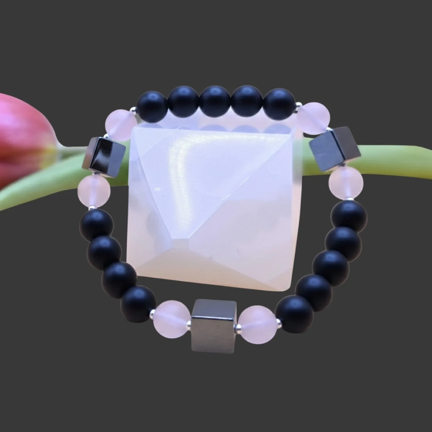 Balance Noir  · Achat matt · Rosenquarz · Hämatit Würfel · 925 Silber