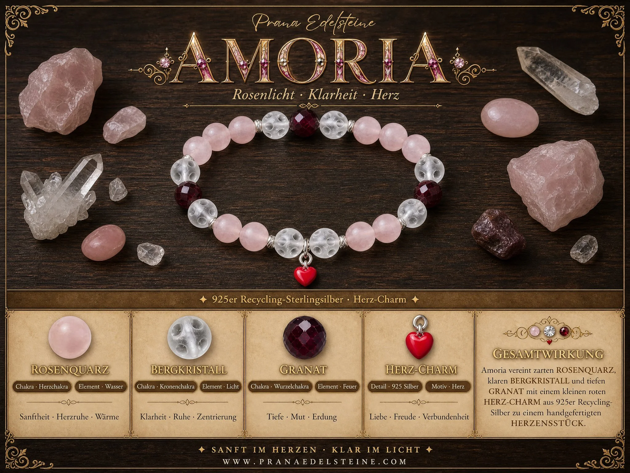 AMORIA – Rosenquarz matt, Granat & Fenster-Bergkristall - PRANA Edelsteine – Handgefertigter Edelsteinschmuck