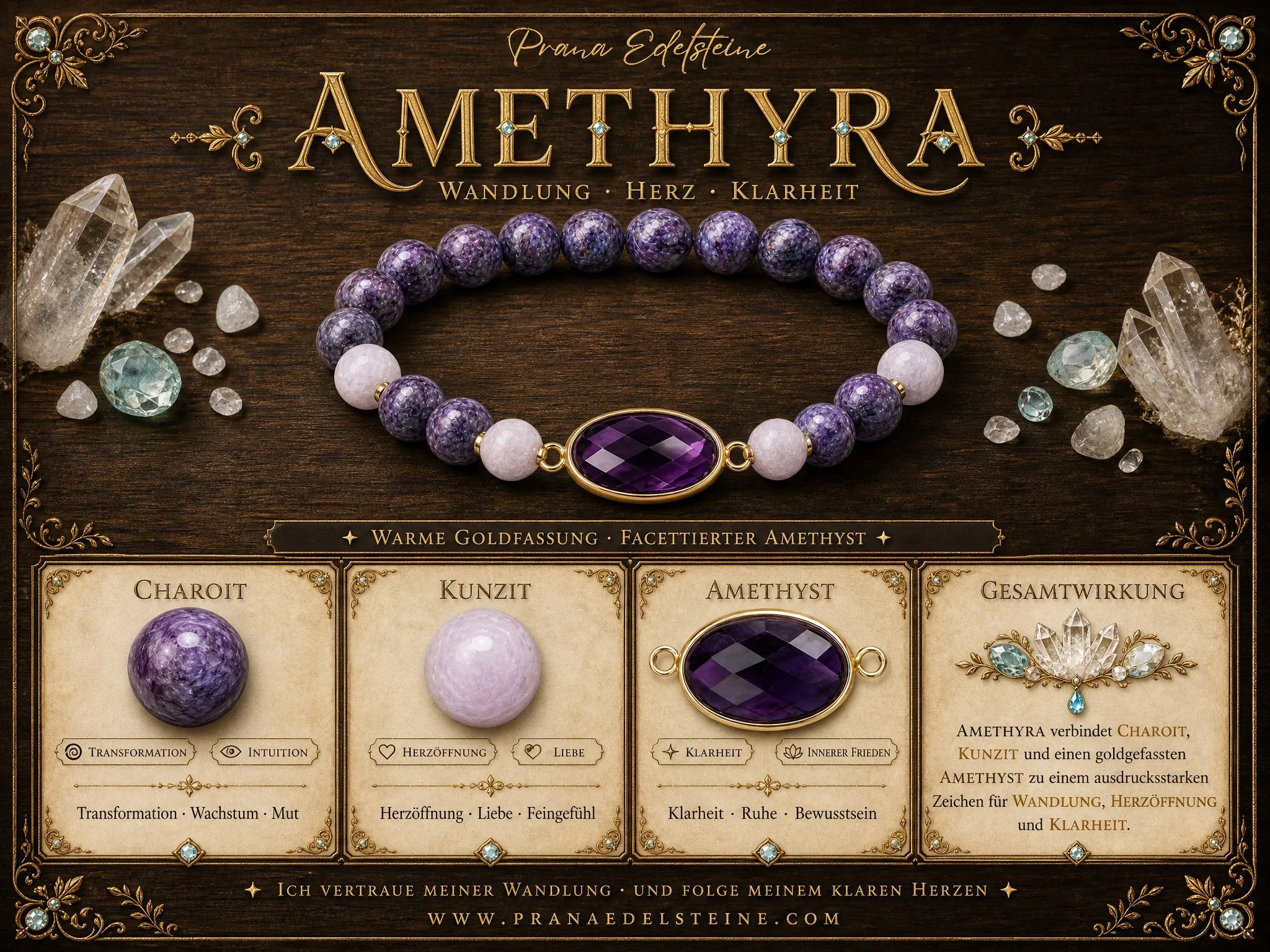 AMETHYRA -Armband mit Kunzit, Charoit & Amethyst | Seltene Kombination für Heilung & Transformation - PRANA Edelsteine – Handgefertigter Edelsteinschmuck