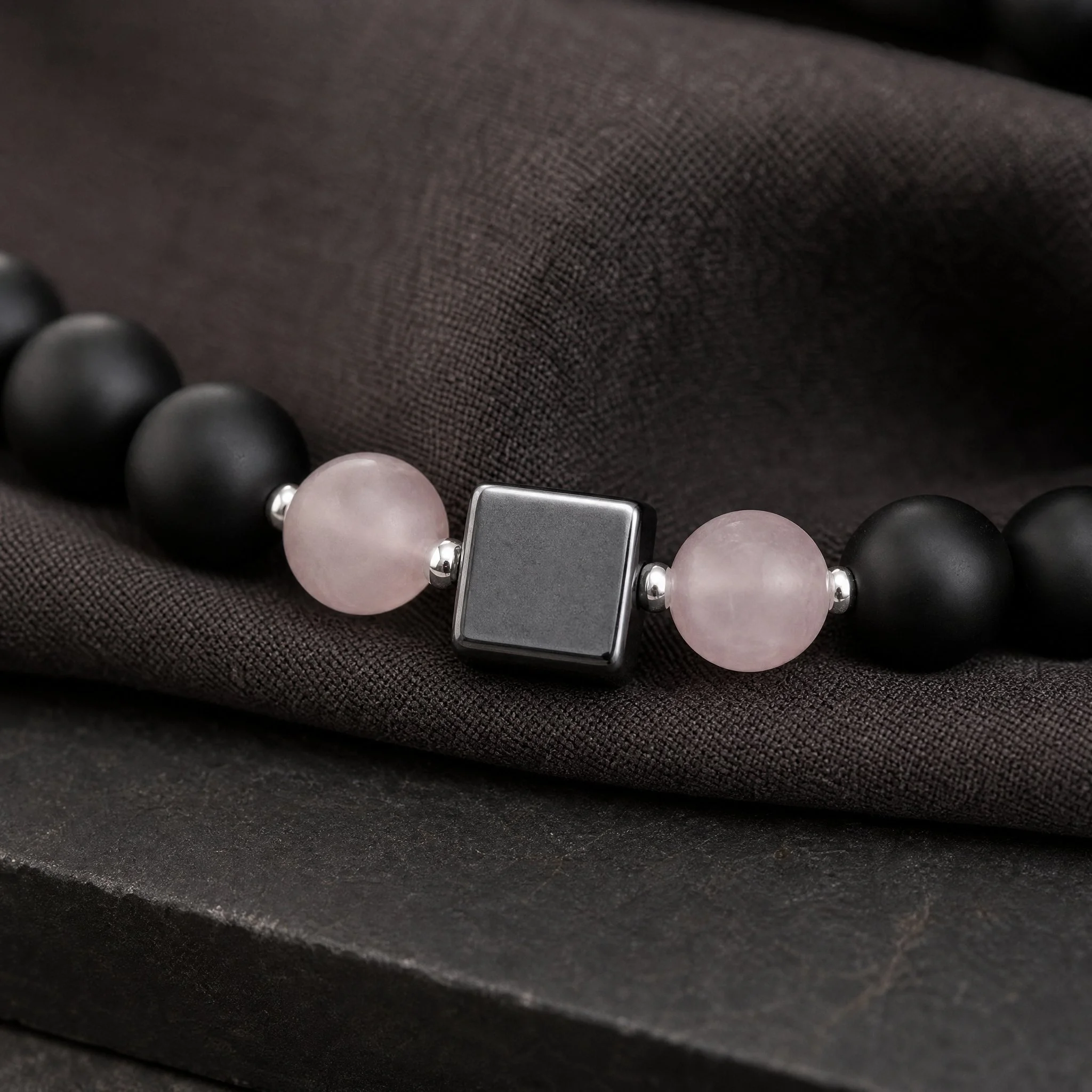 NOIR ROSA · Achat matt · Rosenquarz · Hämatit Würfel · 925 Silber - PRANA Edelsteine – Handgefertigter Edelsteinschmuck