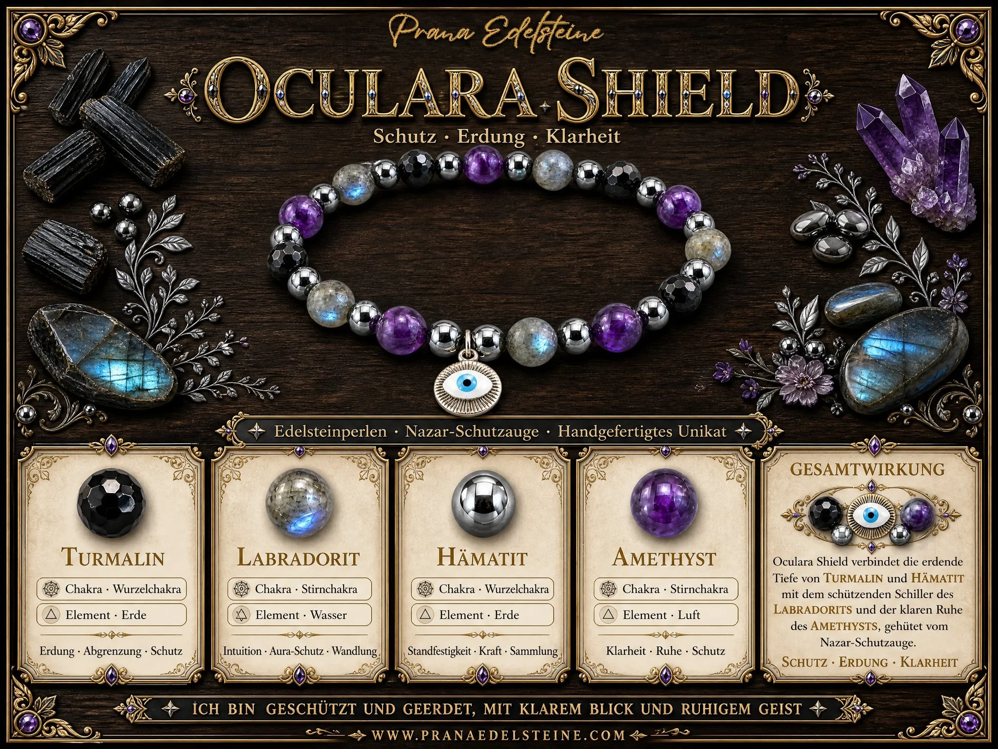 OCULARA SHIELD - Amethyst, Turmalin, Labradorit & Hämatit Nazar Armband - Aura Schild - PRANA Edelsteine – Handgefertigter Edelsteinschmuck