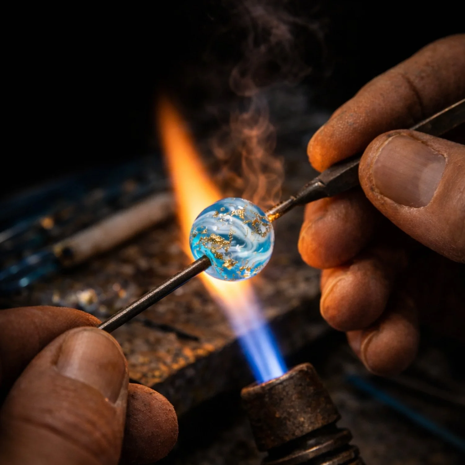 Murano Glasperle wird mit der traditionellen Lampworking Technik in einer offenen Flamme geformt