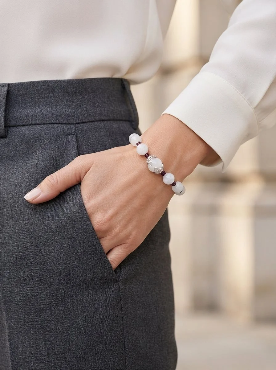 LUNAVIA - Kraft der weiblichen Mitte – Mondstein & Granat Armband mit 925 Silber - PRANA Edelsteine – Handgefertigter Edelsteinschmuck