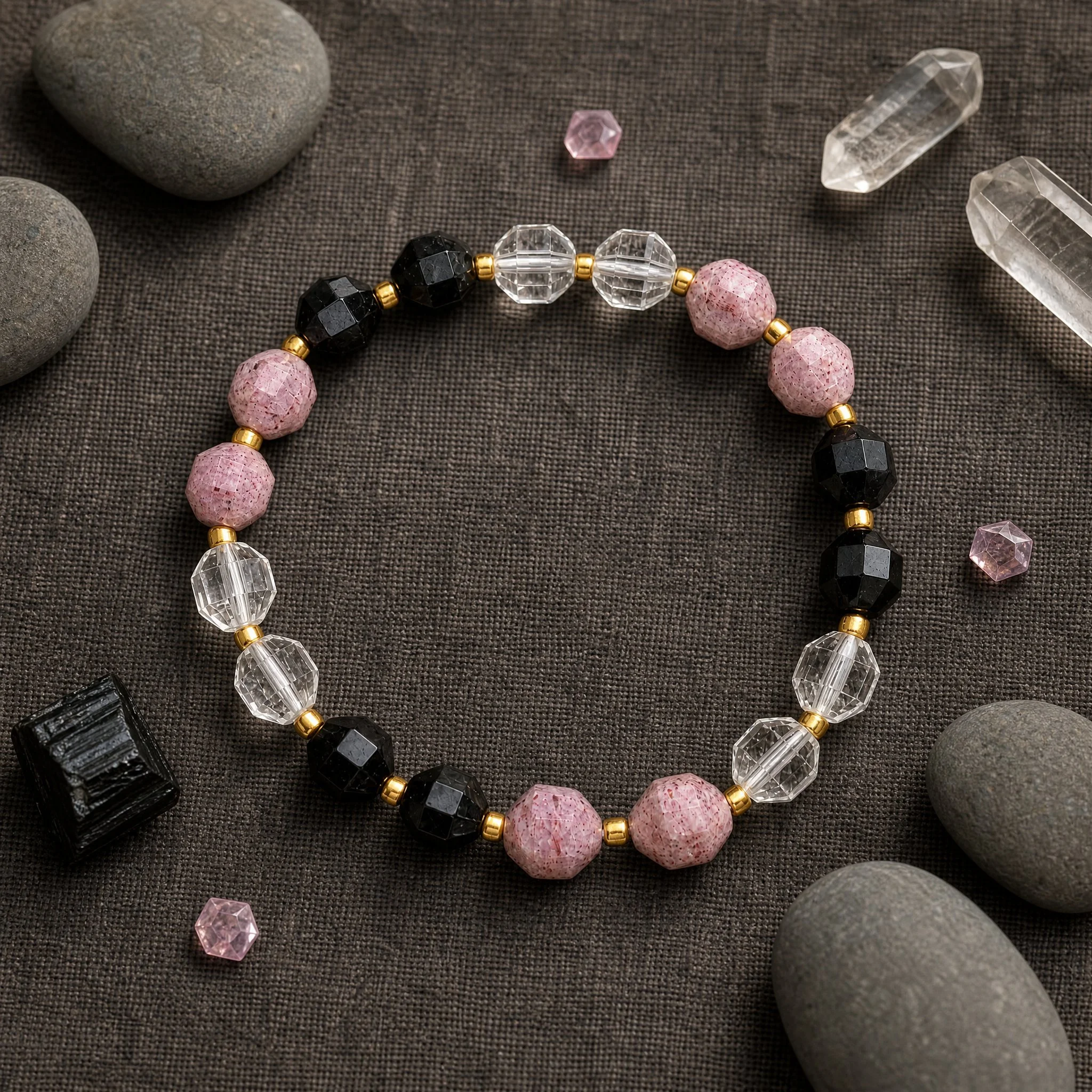 LYSARA - Schwarzer Turmalin, Bergkristall, Erdbeerquarz Armband "Schutz & Herzensklarheit" | Facettierte Rondelle 8mm