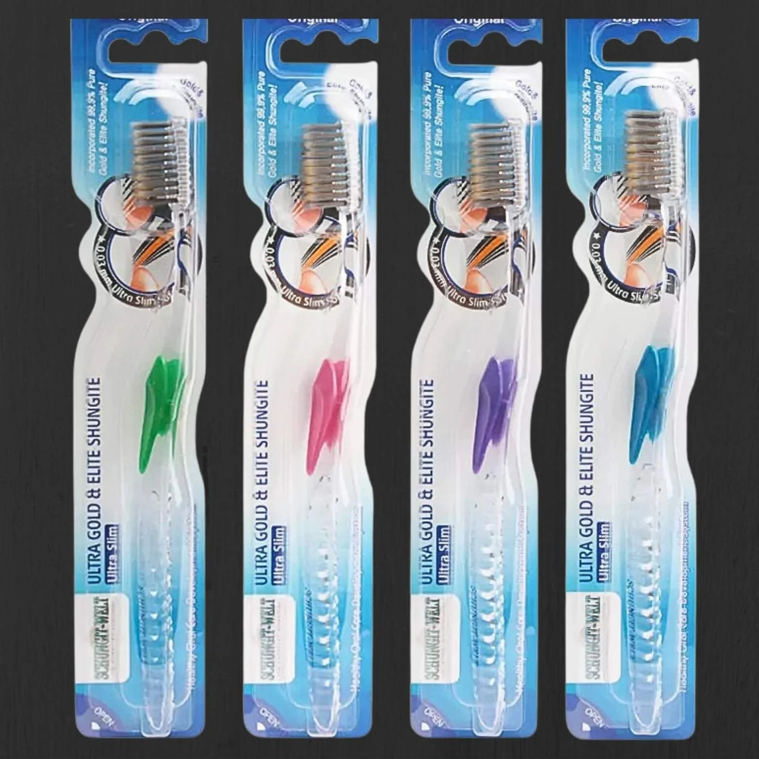 Edel Schungit Gold Zahnbürsten in vier Farben in Verpackung
