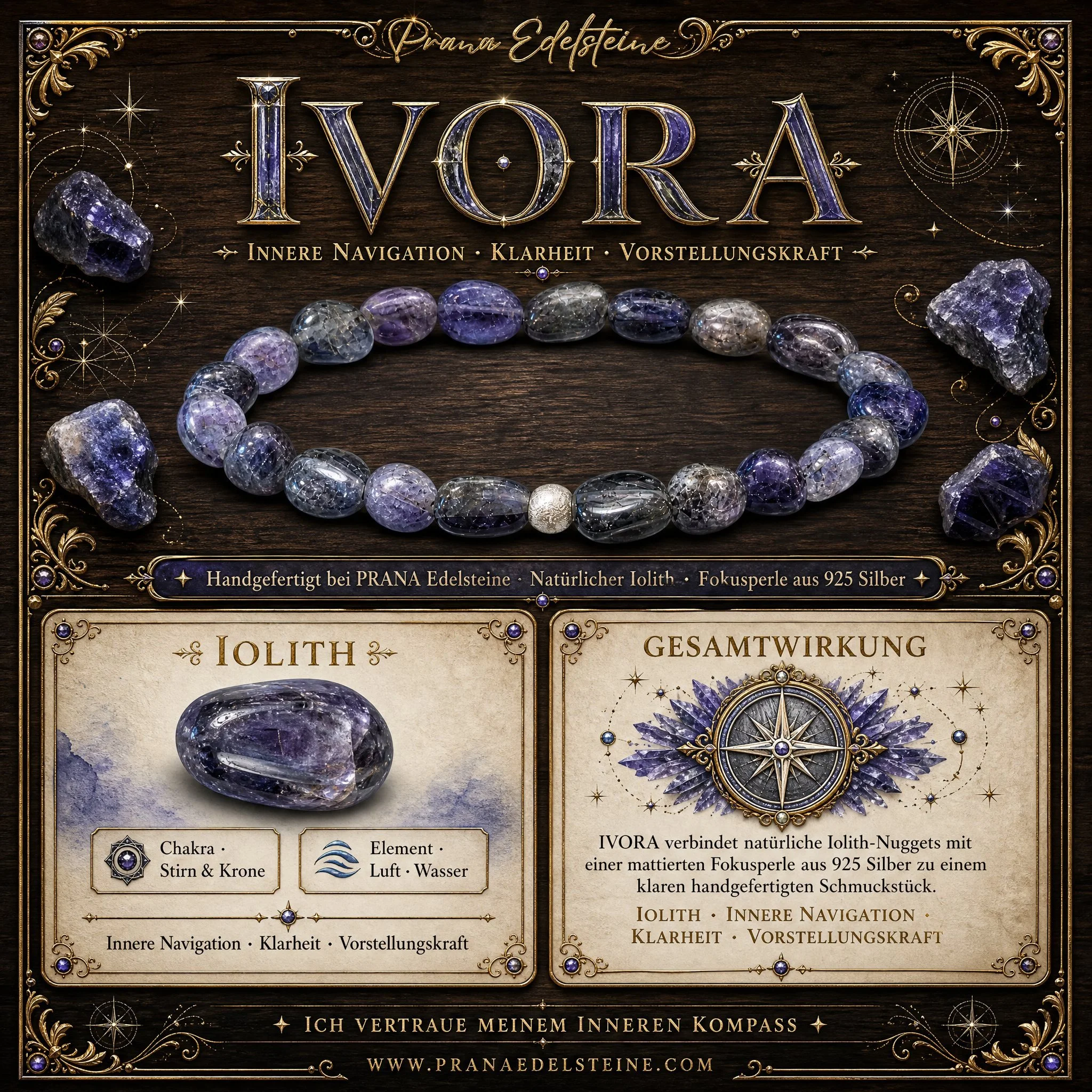 IVORA - „Wegweiser & Intuition“ – Iolith Armband mit Natur-Perlen - PRANA Edelsteine – Handgefertigter Edelsteinschmuck