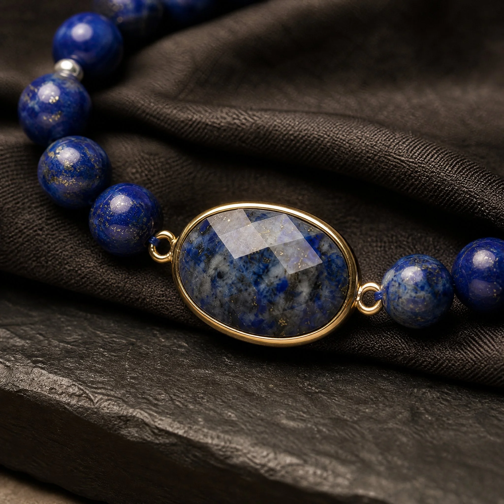 VESPERA – Lapis Lazuli Armband mit vergoldetem Medaillon - PRANA Edelsteine – Handgefertigter Edelsteinschmuck
