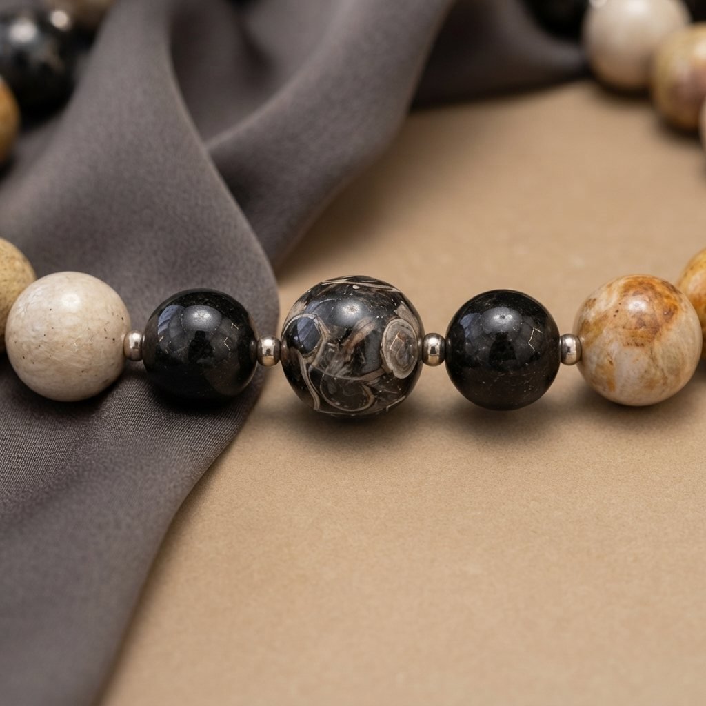 TERRAVA - "Wurzeln der Erde" | Schutz & Stabilität | Versteinertes Holz, Gagat, Turitella Achat, Fossilkoralle | 925 Silber - PRANA Edelsteine – Handgefertigter Edelsteinschmuck