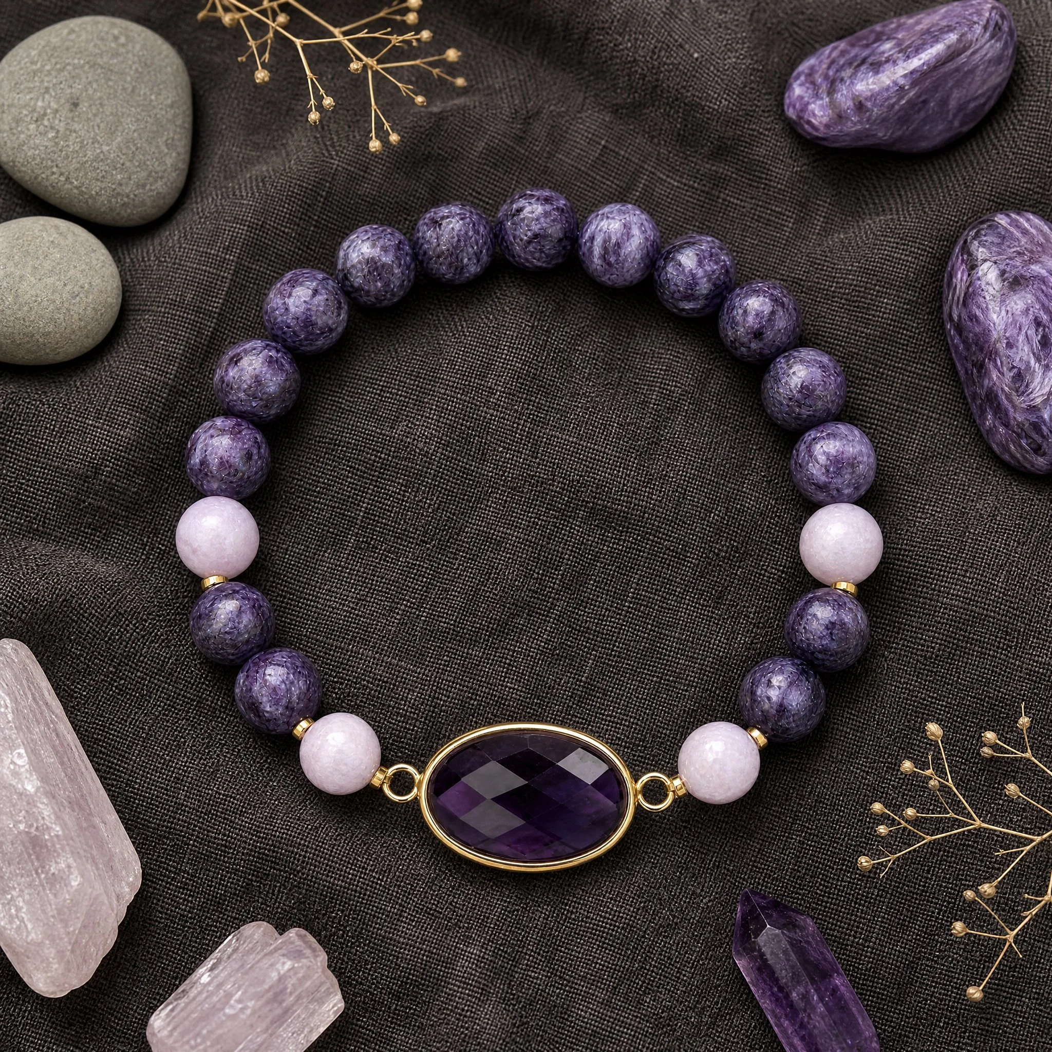 AMETHYRA -Armband mit Kunzit, Charoit & Amethyst | Seltene Kombination für Heilung & Transformation