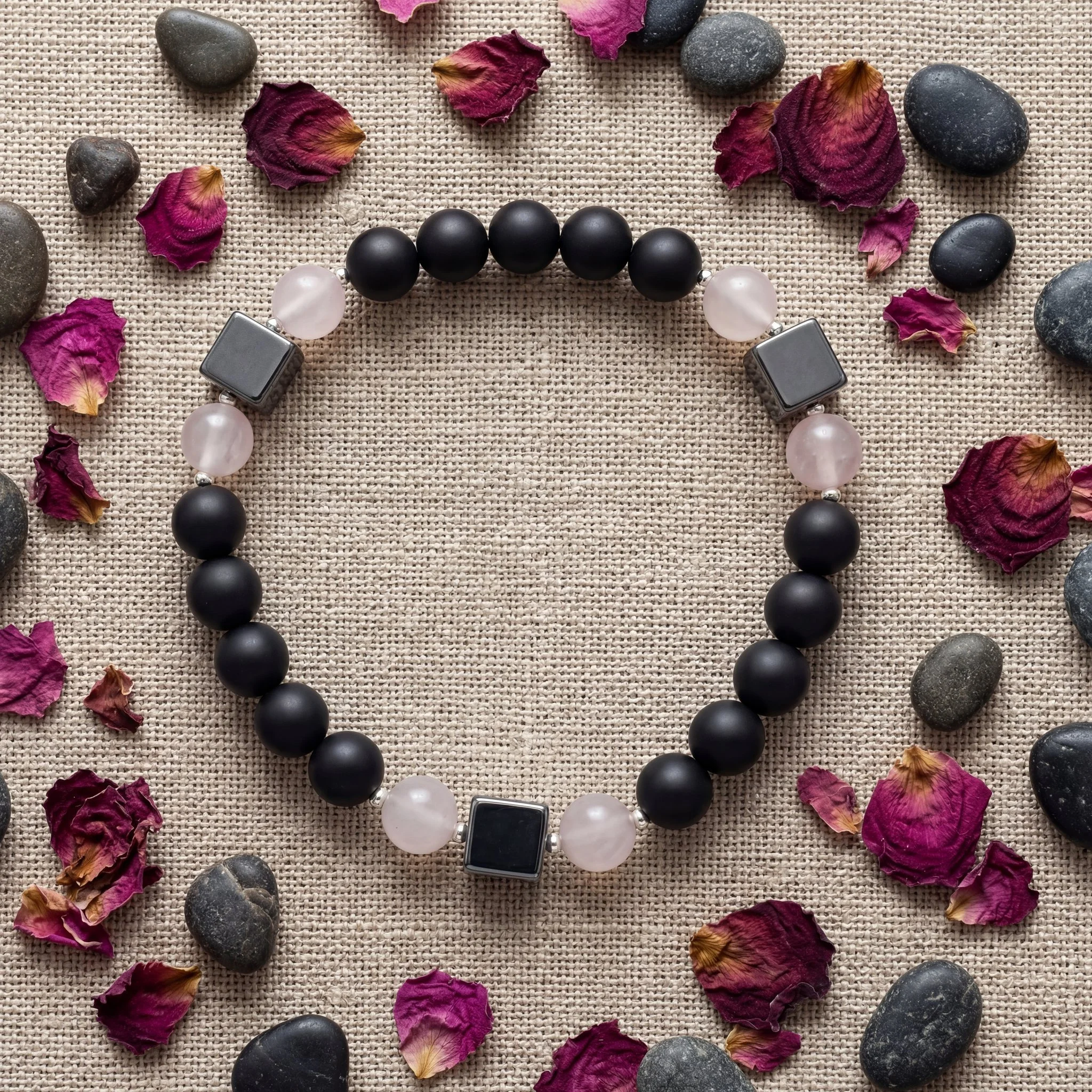 NOIR ROSA  · Achat matt · Rosenquarz · Hämatit Würfel · 925 Silber
