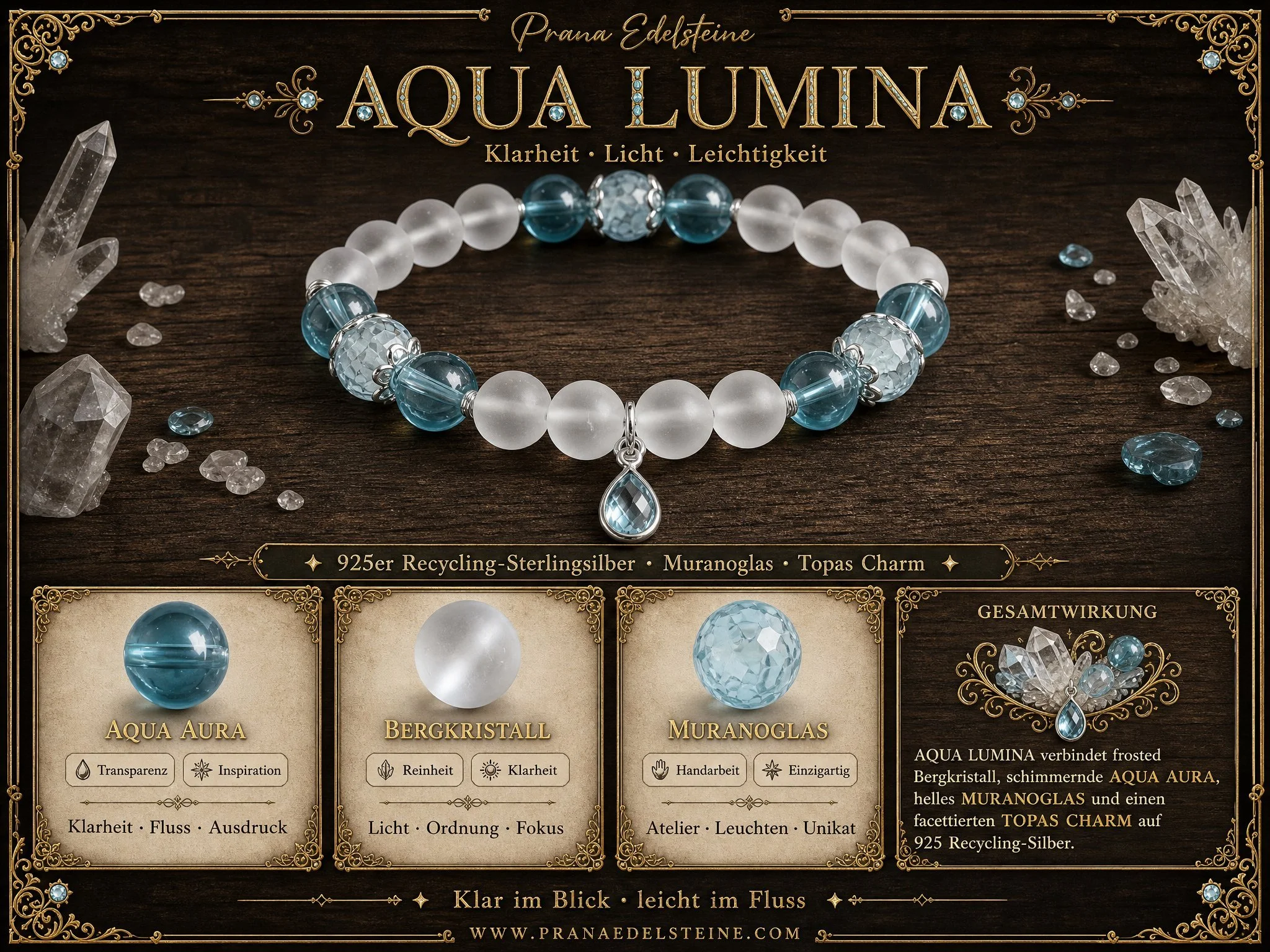 AQUA LUMINA – Aqua Aura & Bergkristall mit Murano-Glas und Blautopas - LIMITIERT! - PRANA Edelsteine – Handgefertigter Edelsteinschmuck