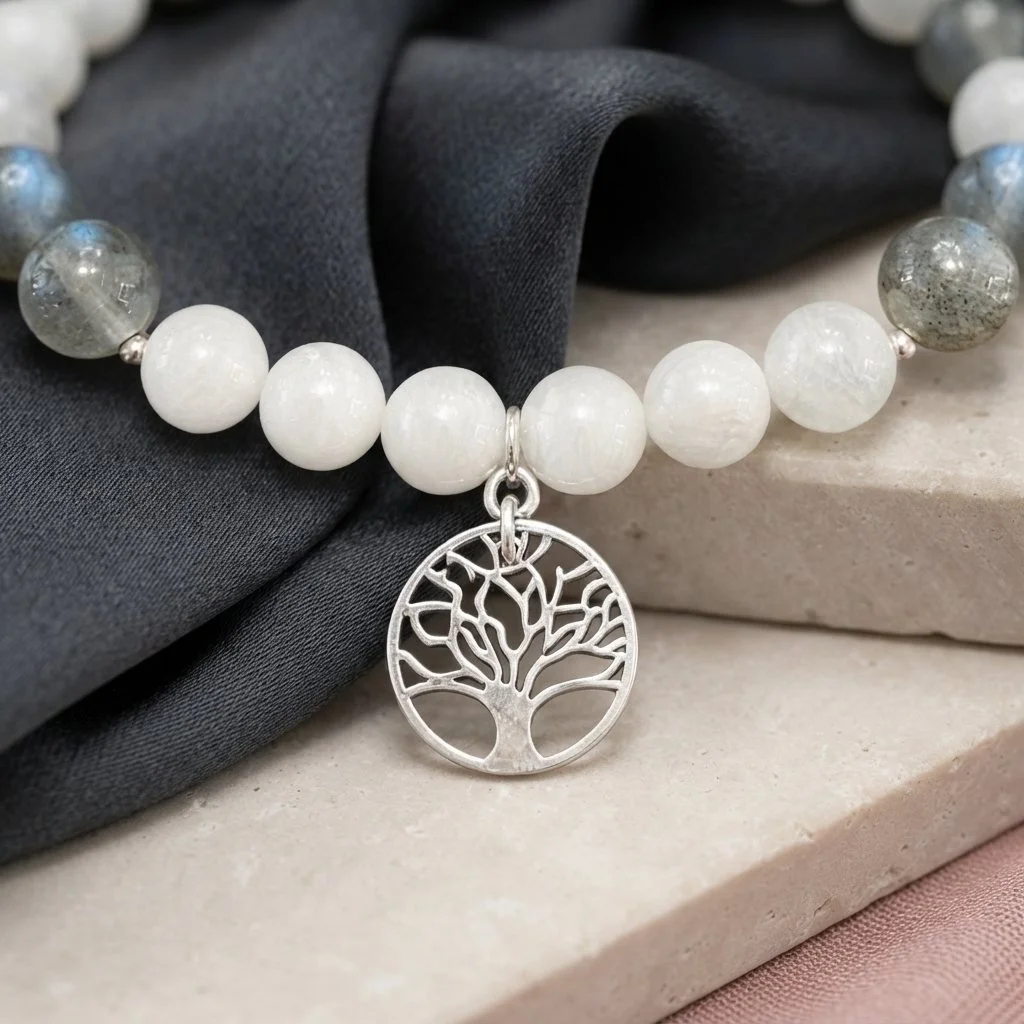 LUNAVERA - Baum des Lichts – Armband mit Mondstein, Labradorit & Rosenquarz (925 Silber) - PRANA Edelsteine – Handgefertigter Edelsteinschmuck