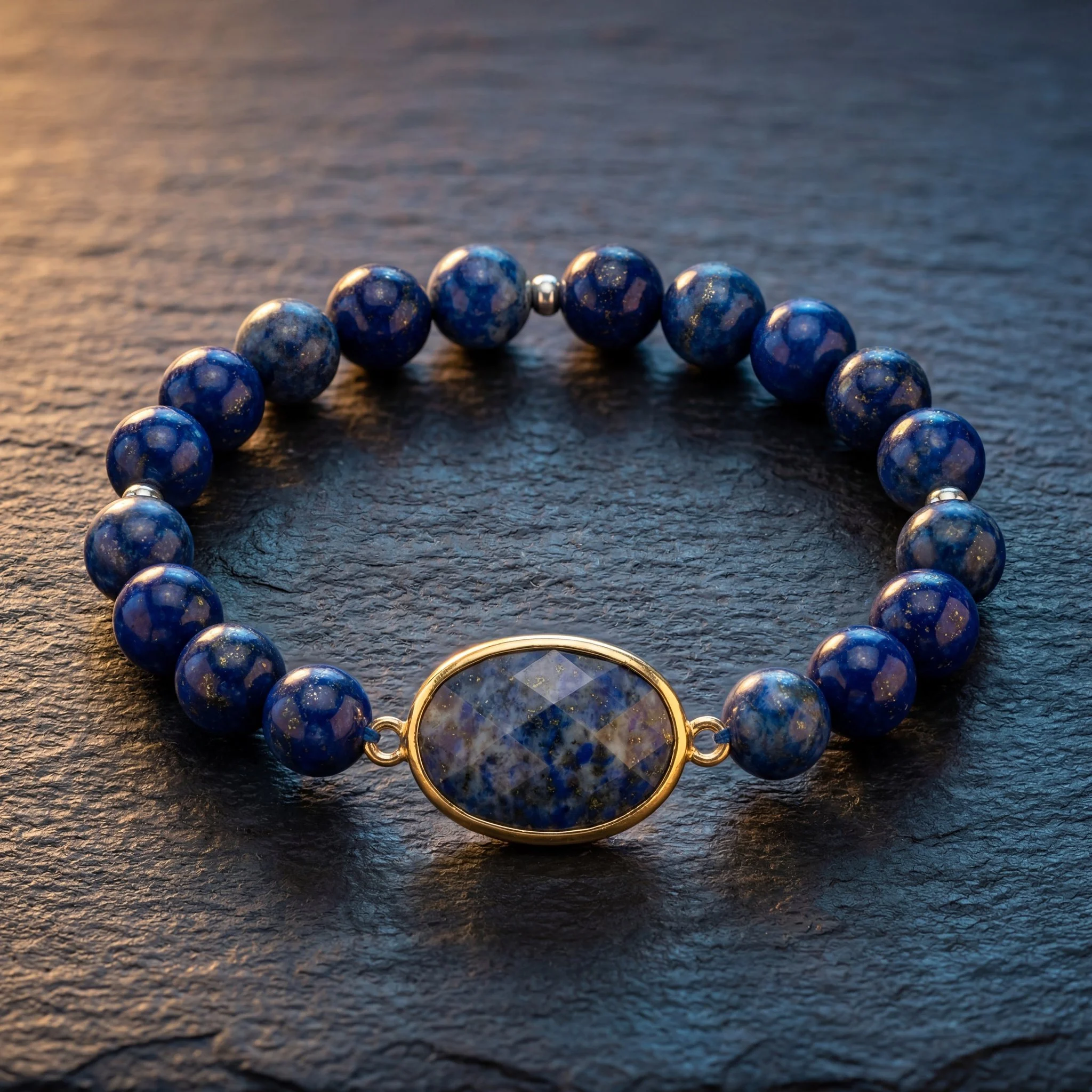 VESPERA – Lapis Lazuli Armband mit vergoldetem Medaillon - PRANA Edelsteine – Handgefertigter Edelsteinschmuck