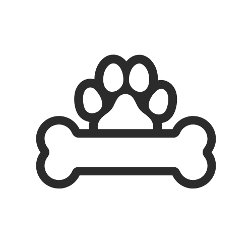 Black and white icon of a dog paw print above a bone.
