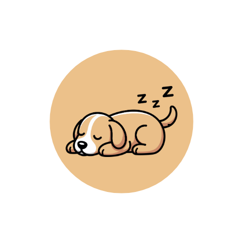 Cute cartoon puppy sleeping with Z's above its head on a beige circle background.